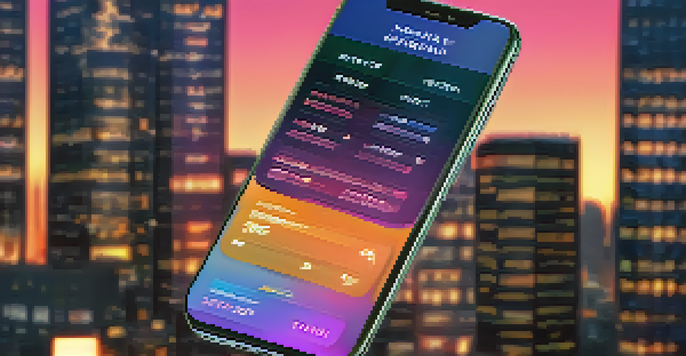 A smartphone showing a cryptocurrency wallet interface with a city skyline blurred in the background at dusk.
