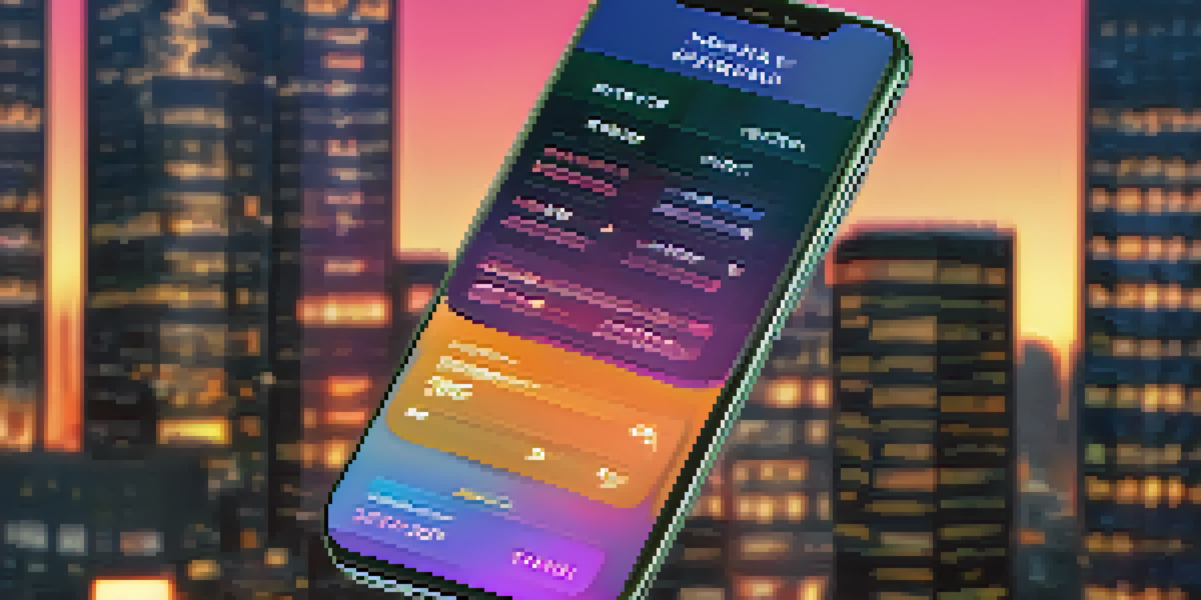 A smartphone showing a cryptocurrency wallet interface with a city skyline blurred in the background at dusk.