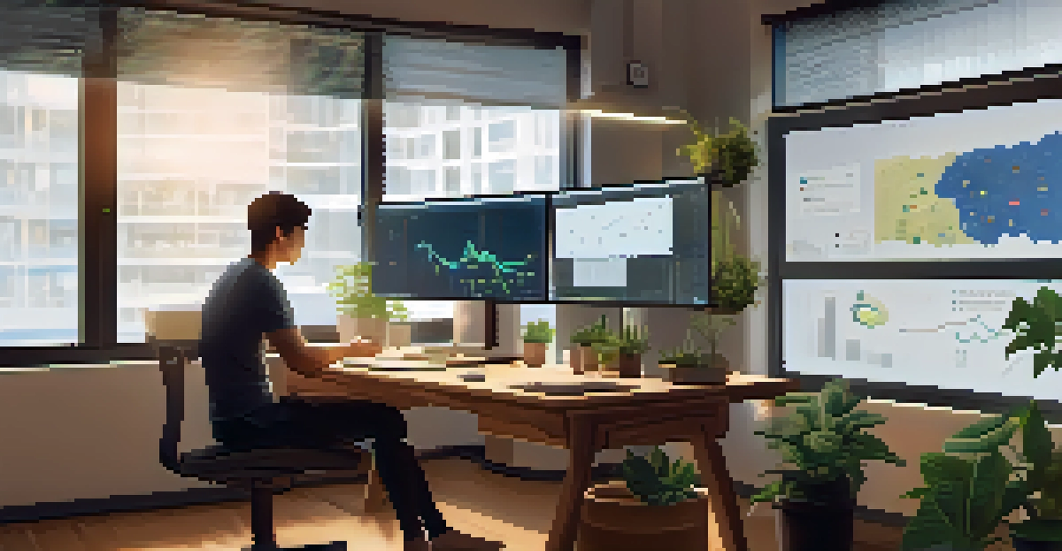 A person working on a laptop about decentralized finance in a well-lit room with plants.