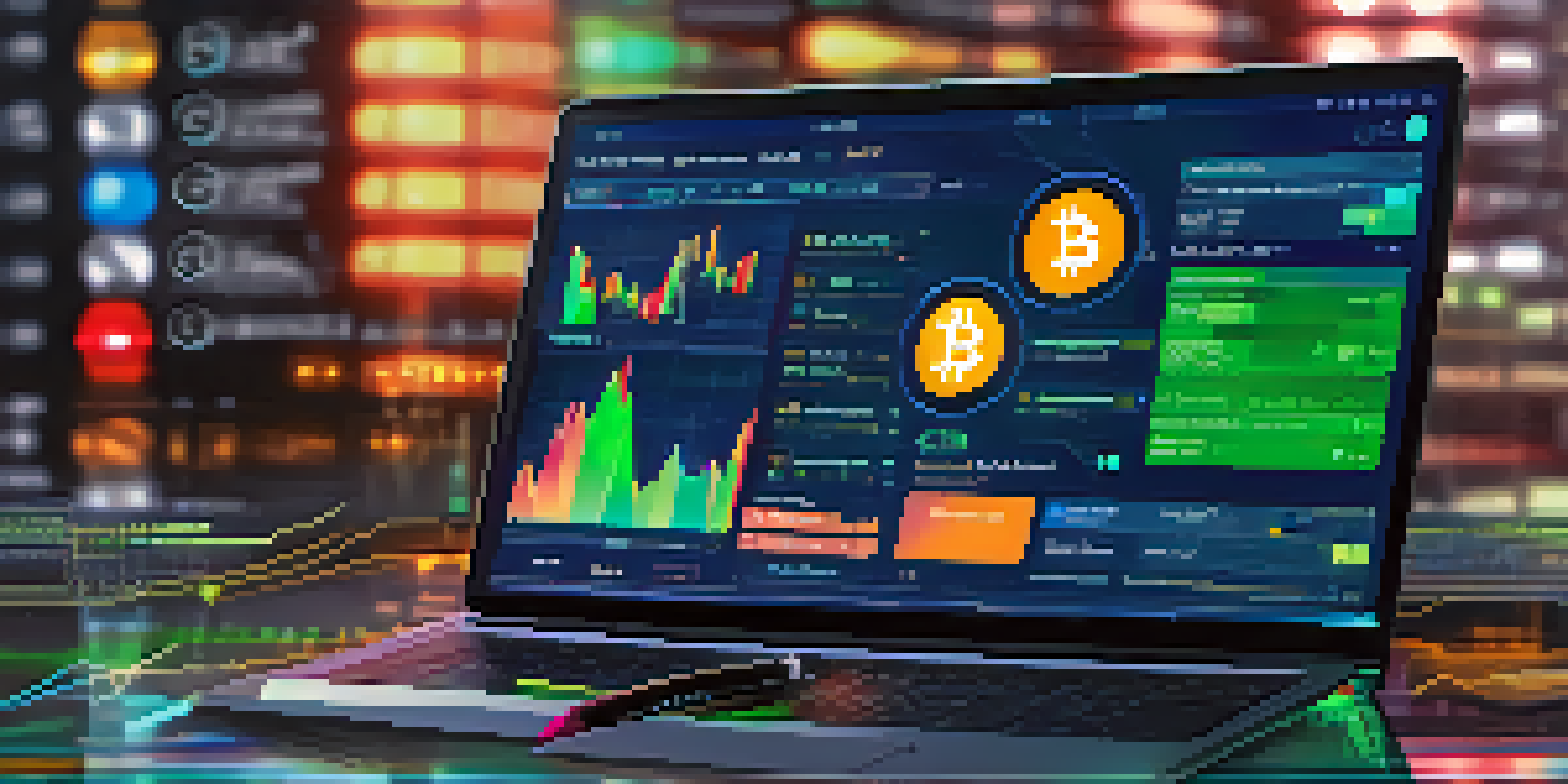A digital cryptocurrency wallet interface on a laptop, showing various cryptocurrencies and fluctuating graphs.