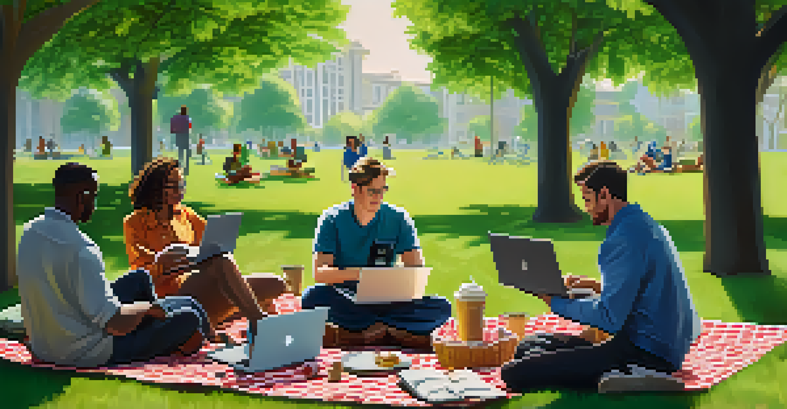 A diverse group of traders in a park discussing cryptocurrency strategies with laptops and coffee cups.