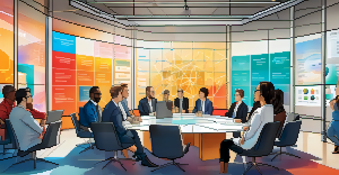 A diverse group of people discussing blockchain governance in a modern conference room with digital screens showing blockchain data.