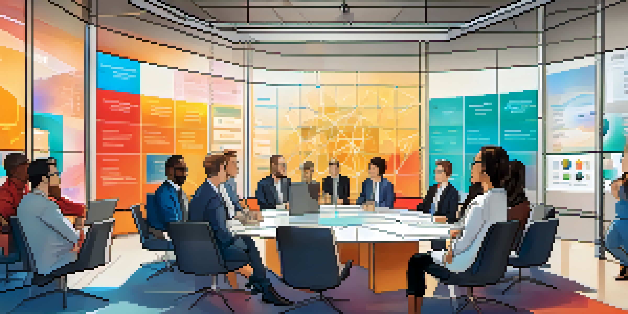 A diverse group of people discussing blockchain governance in a modern conference room with digital screens showing blockchain data.