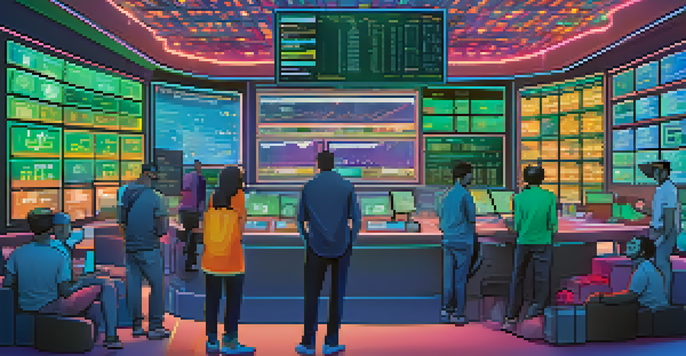 A colorful decentralized exchange interface showing cryptocurrencies and trading activities with diverse users.