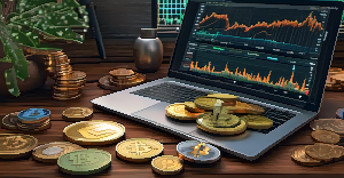 A physical hardware wallet on a wooden desk with cryptocurrency coins and a laptop showing crypto trends.