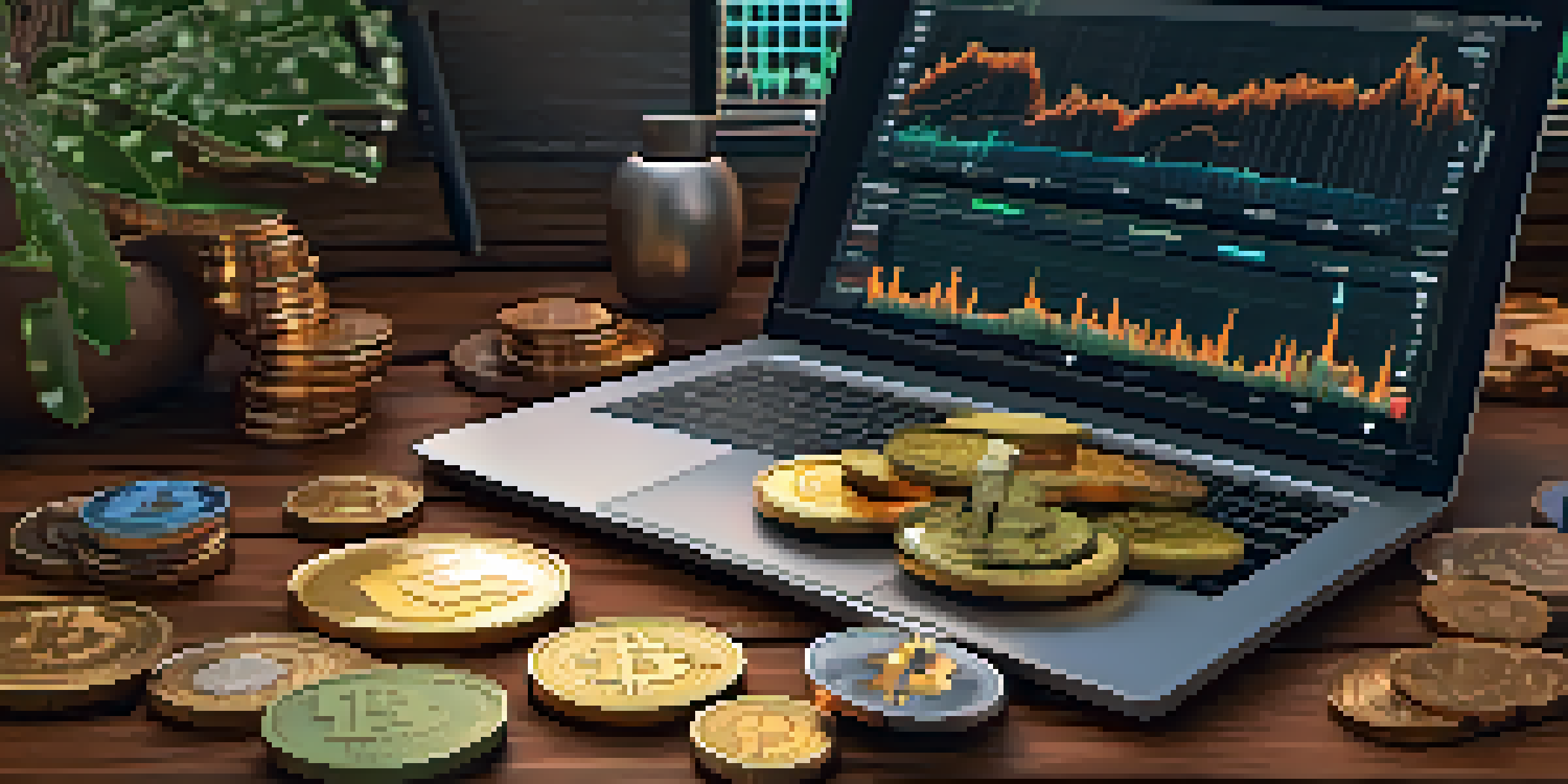 A physical hardware wallet on a wooden desk with cryptocurrency coins and a laptop showing crypto trends.