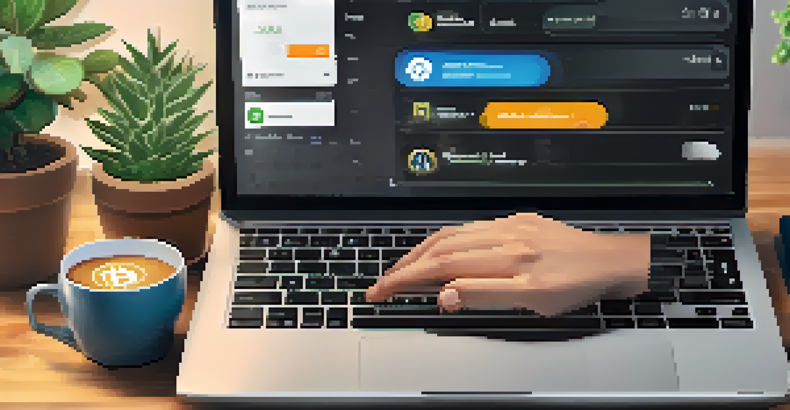 Close-up of hands typing on a laptop showing a cryptocurrency wallet interface in a cozy home office.