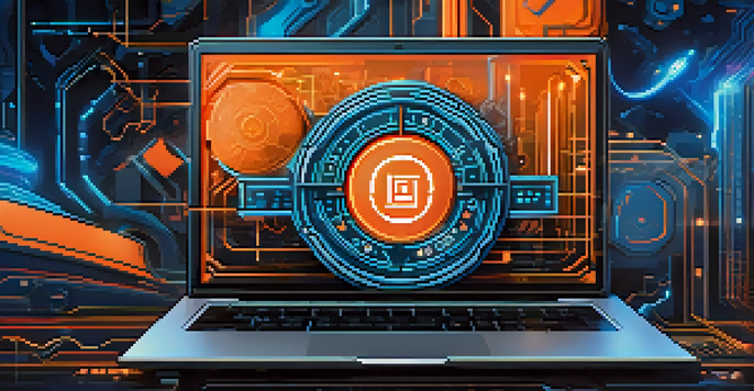 A close-up of a digital badge on a laptop screen, showcasing vibrant colors and blockchain elements.