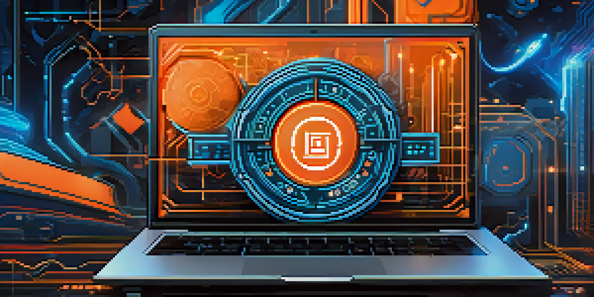 A close-up of a digital badge on a laptop screen, showcasing vibrant colors and blockchain elements.