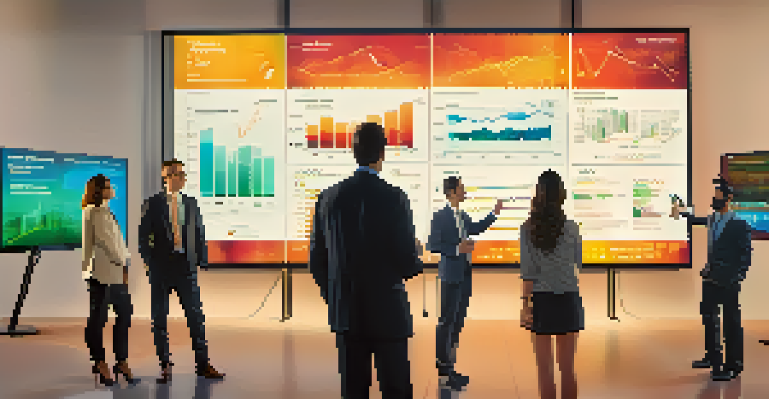 A diverse group of people collaborating around digital financial displays.