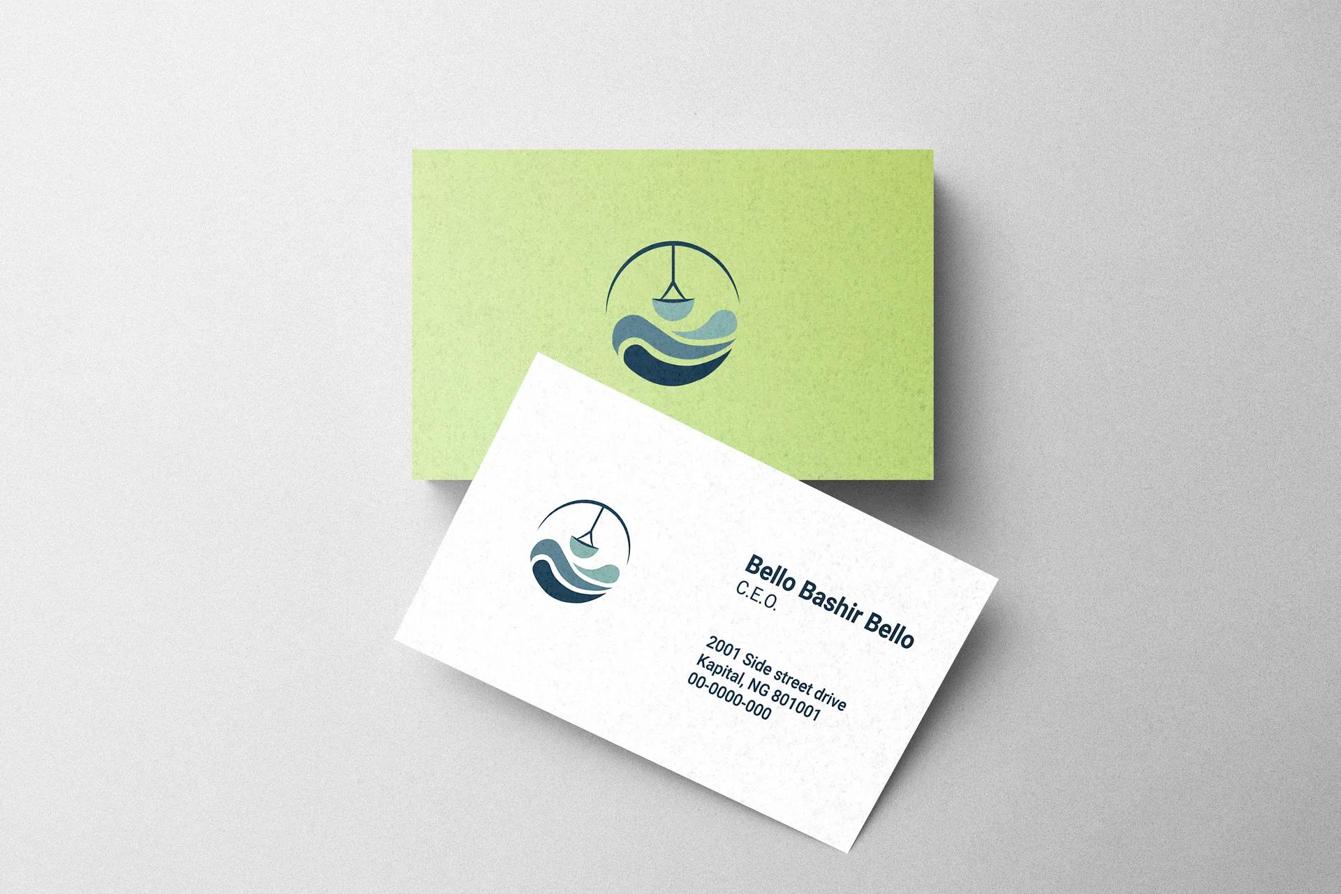 Realistic corporate business card mockup featuring blue and green gradients