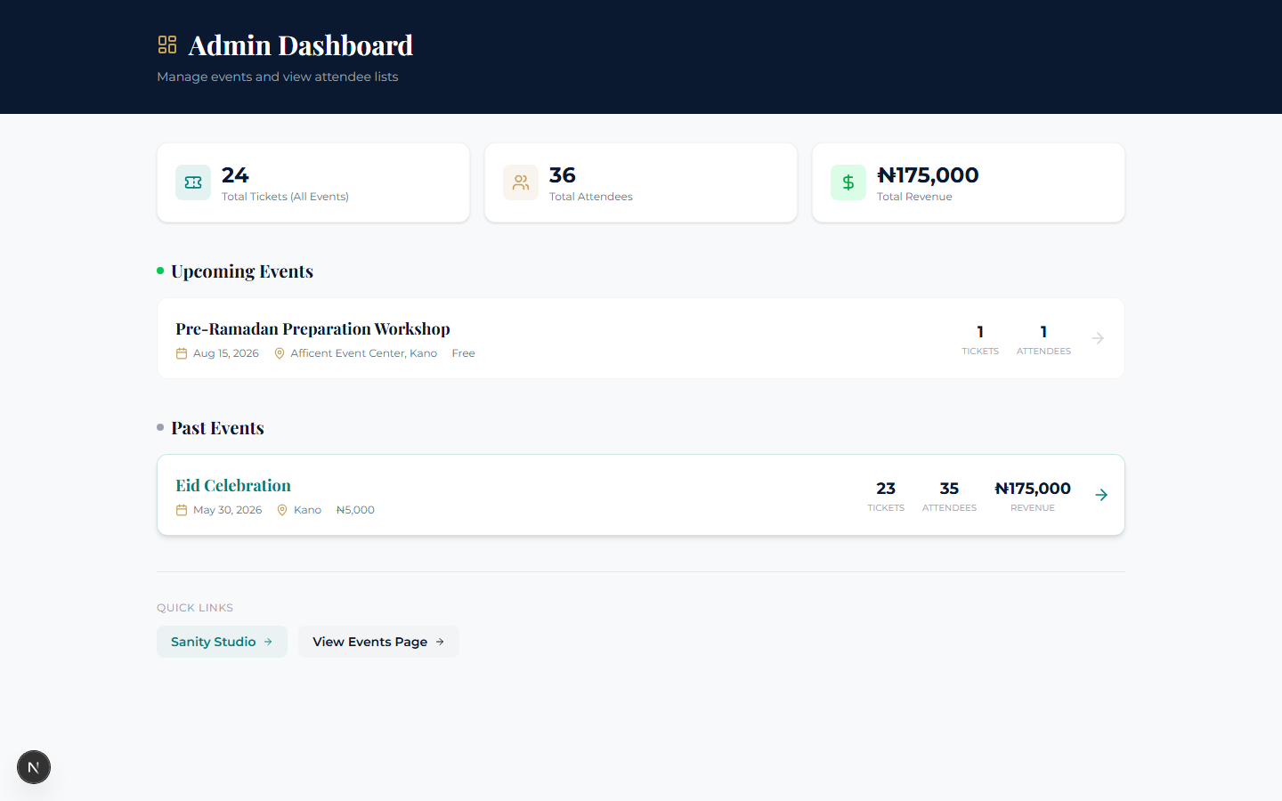 Admin Panel showing real-time event ticketing analytics, sales, and total earnings