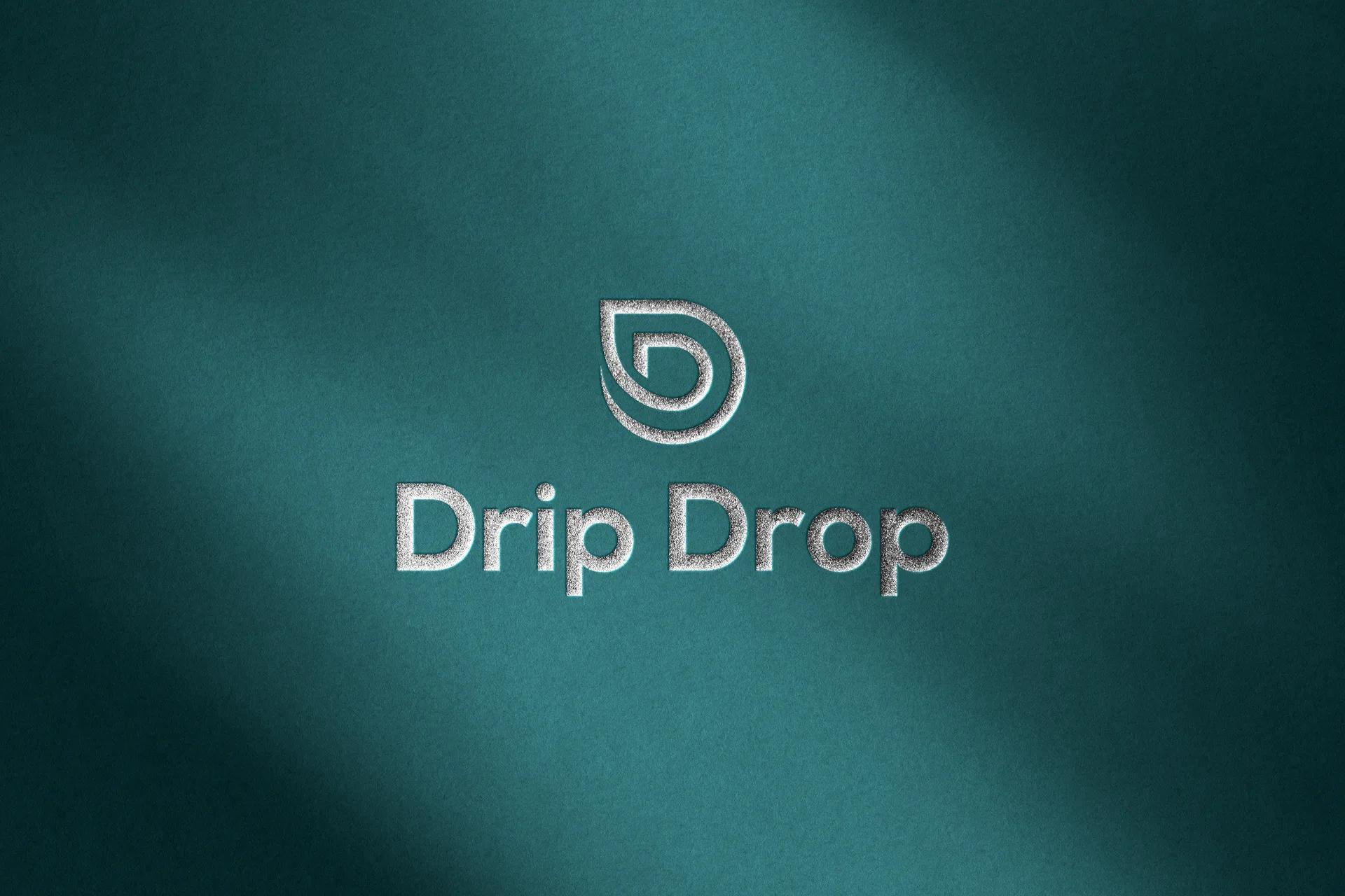 Glass bottle product mockup featuring the fluid Drip Drop logo mark