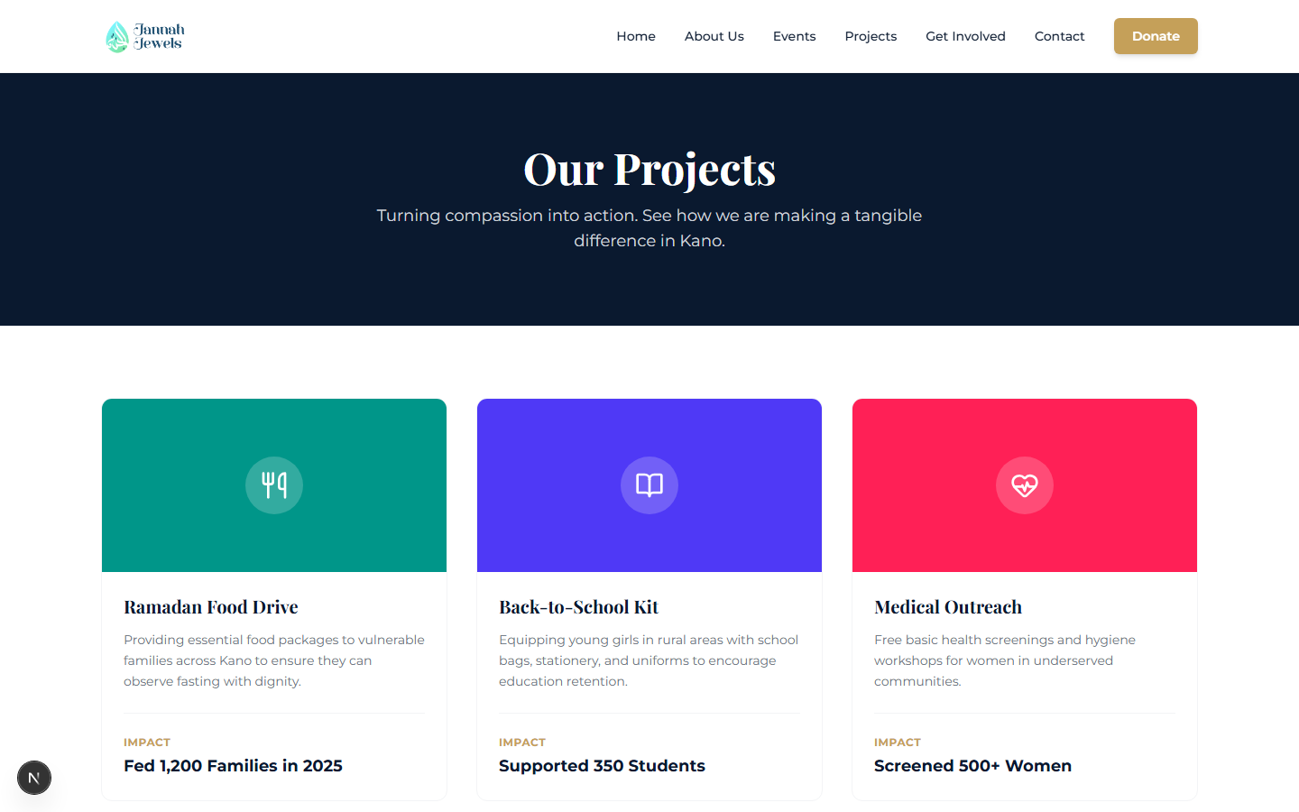 Active community projects display showcasing impact metrics