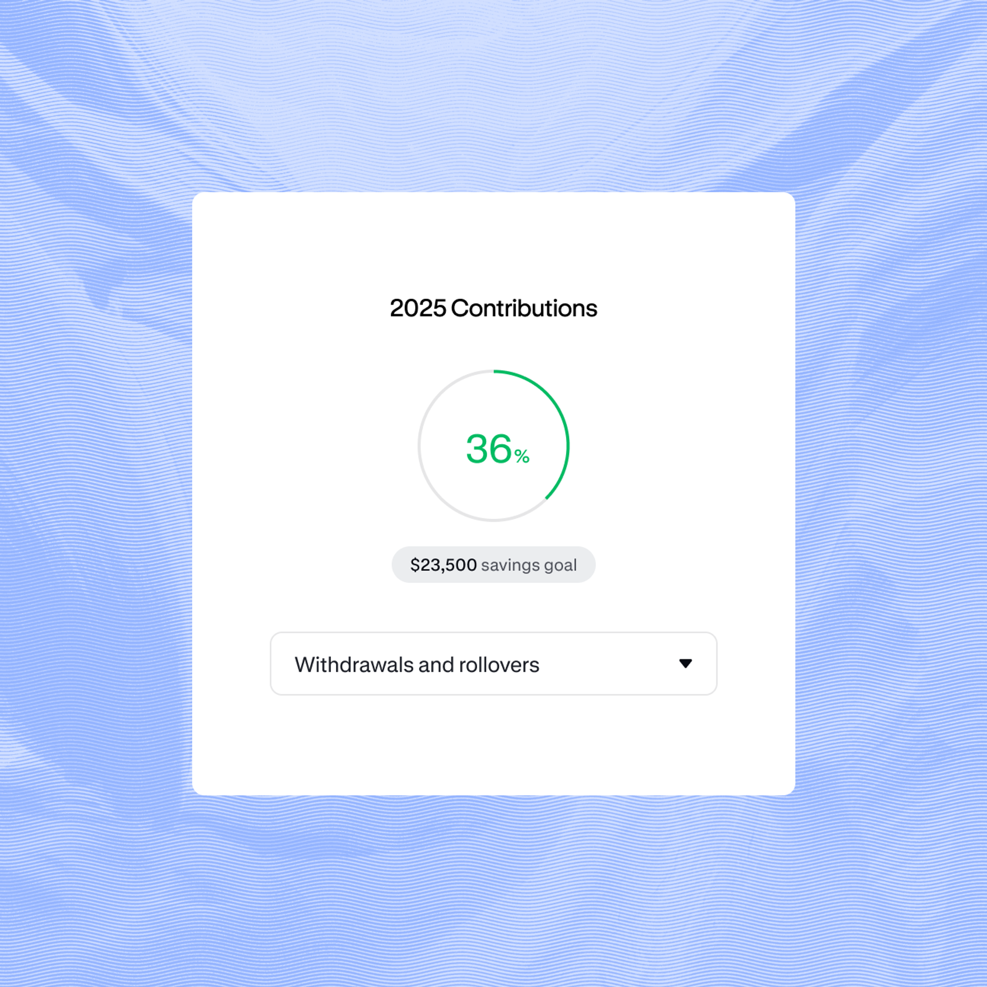 2025 contributions screen showing 36% progress toward a $23,500 savings goal, with a dropdown for withdrawals and rollovers.
