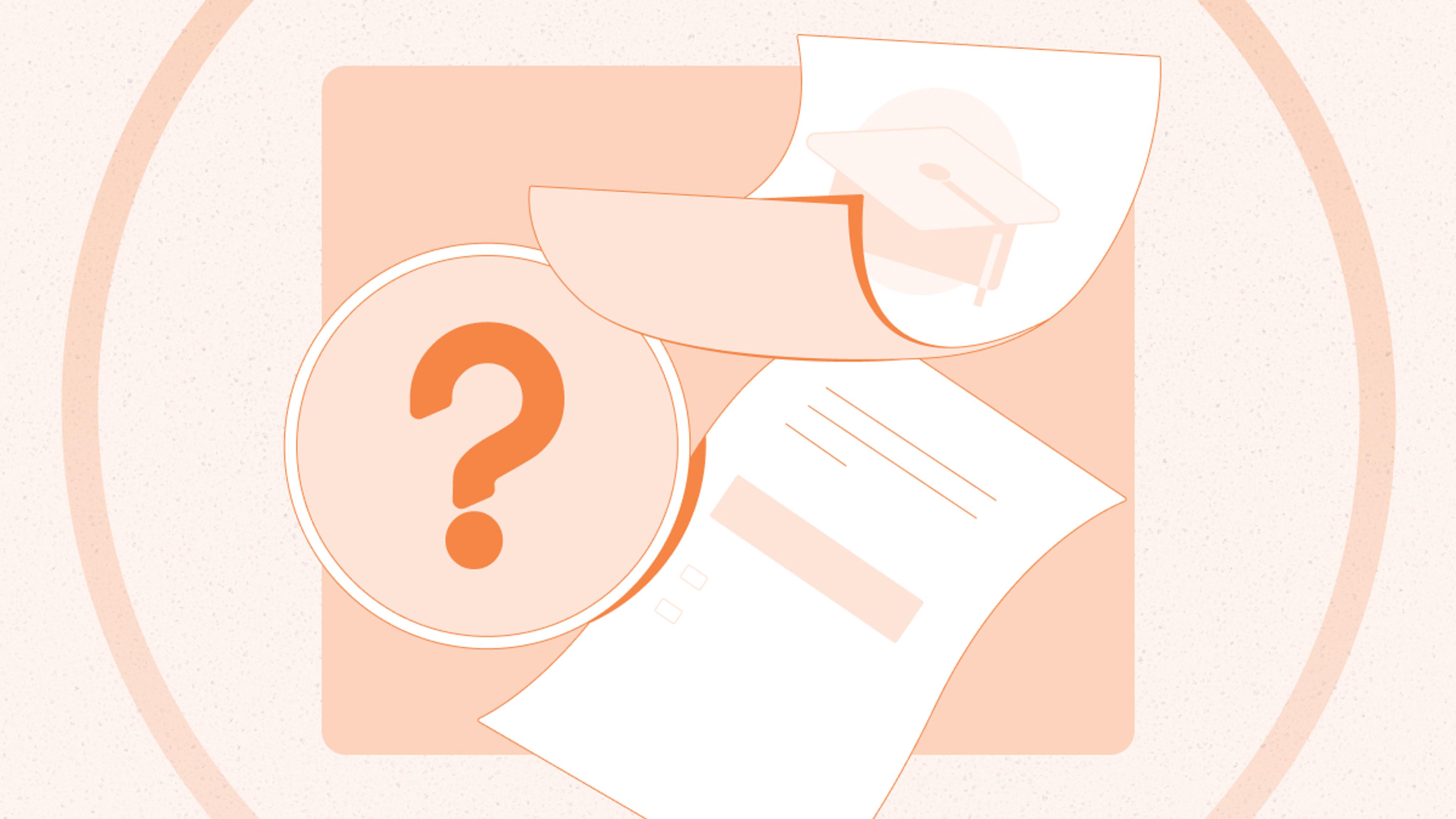 A question mark inside a circle, papers, and a graduation cap icon arranged on a light background.