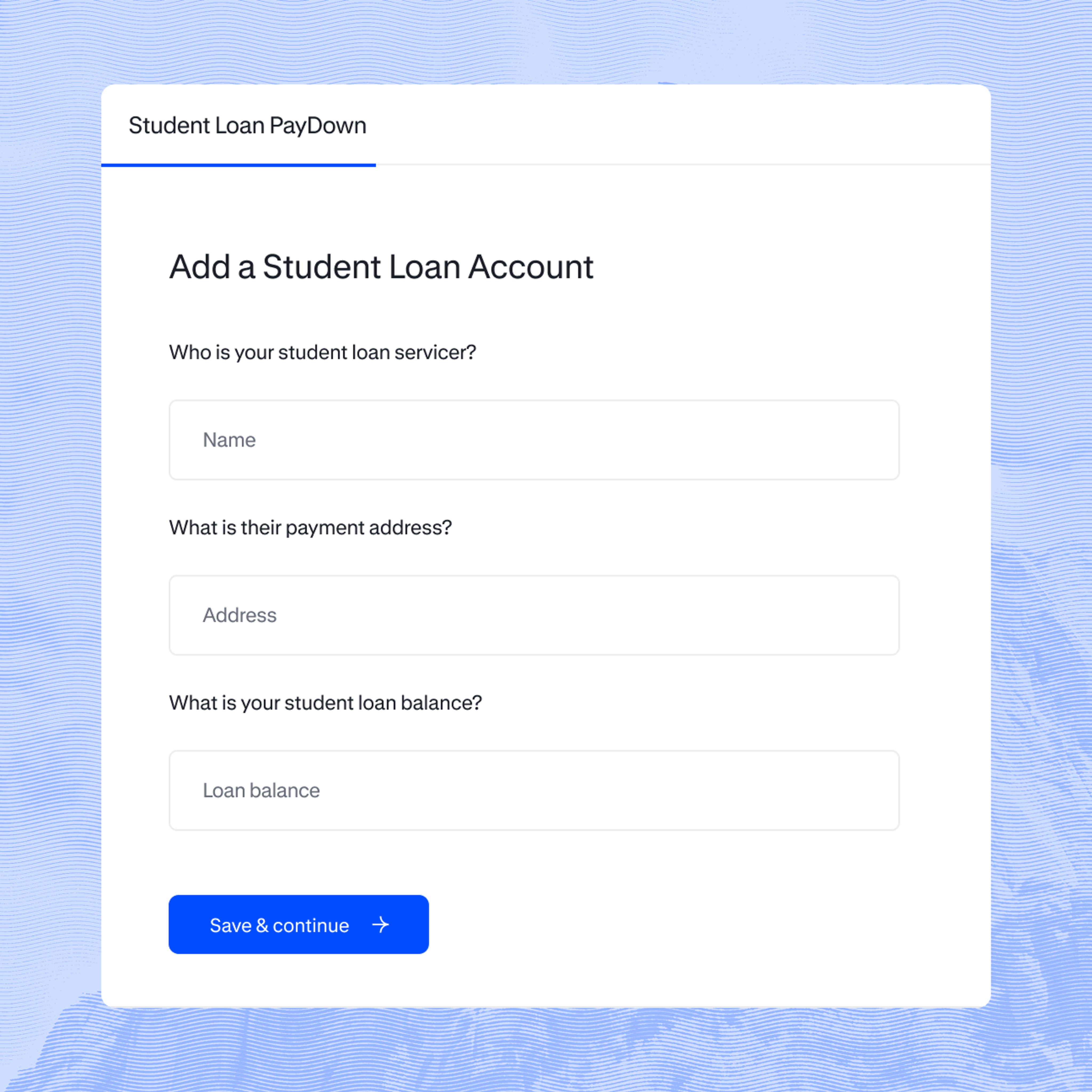 Student LoanPaydown popup to add a student loan account to profile. 