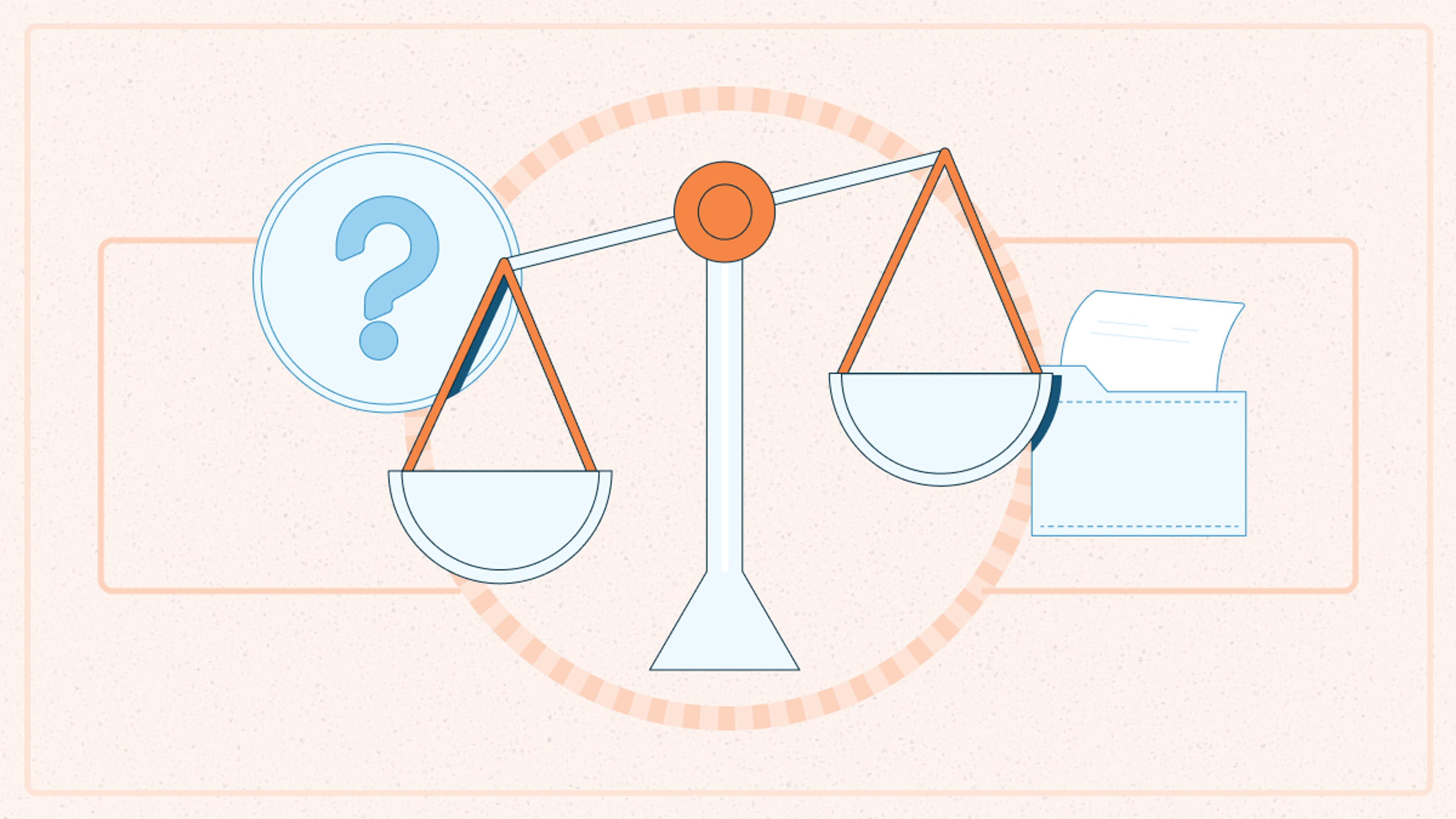 A balanced scale tilts right, with a folder on the heavier side and a question mark on the lighter side, symbolizing weighing information or choices.
