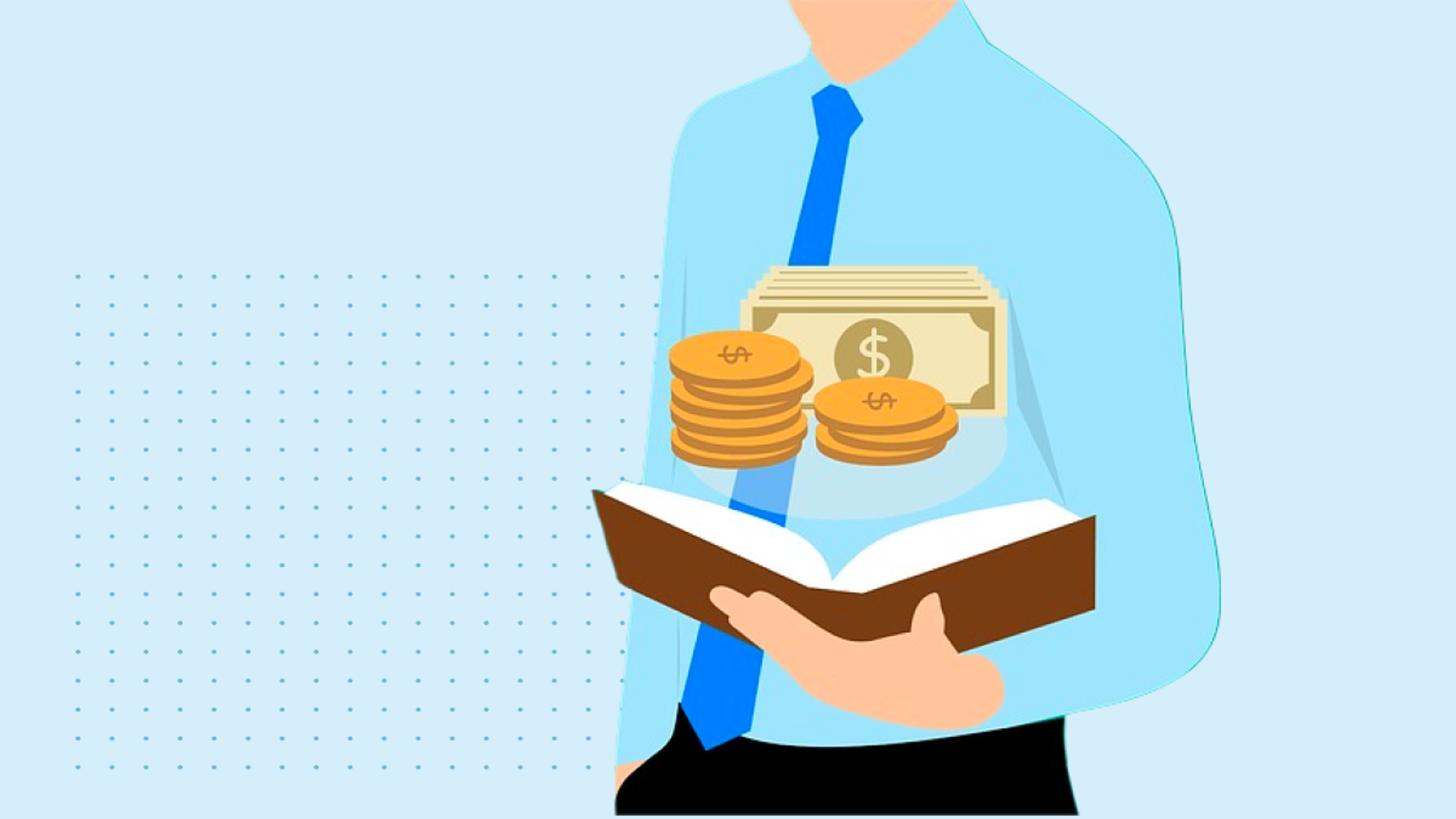 An illustration of a person holding an open book, with stacks of coins and dollar bills floating above the pages, suggesting financial education or learning about money and savings.