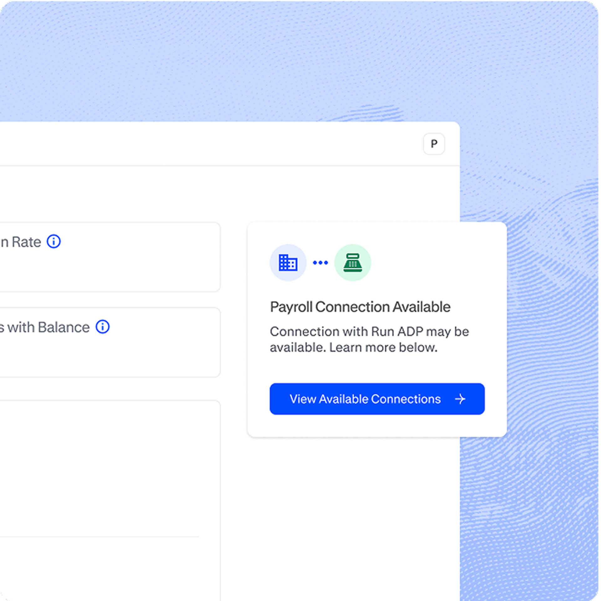 Popup showing that a payroll integration is available as a payroll connection with Vestwell