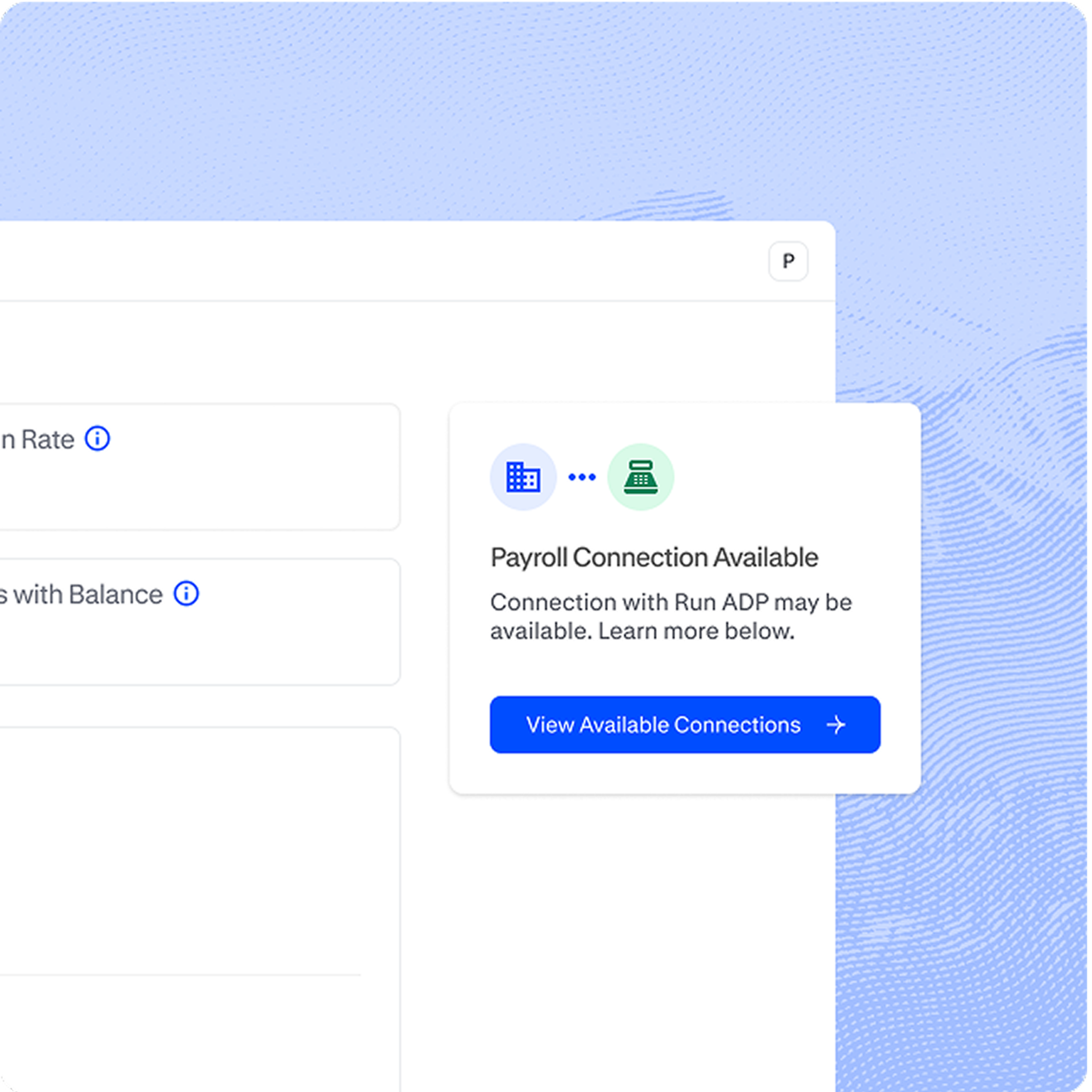 Popup showing that a payroll integration is available as a payroll connection with Vestwell