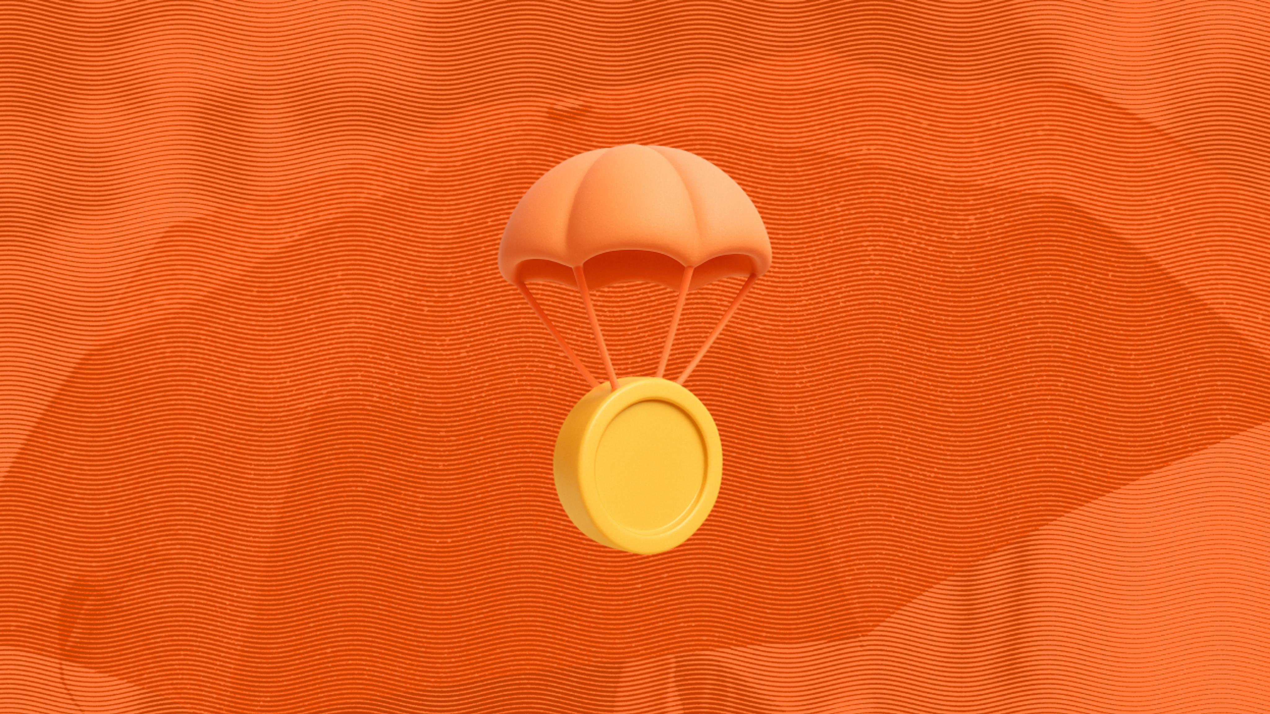 Stylized orange illustration of a gold coin descending by parachute against a textured orange background.