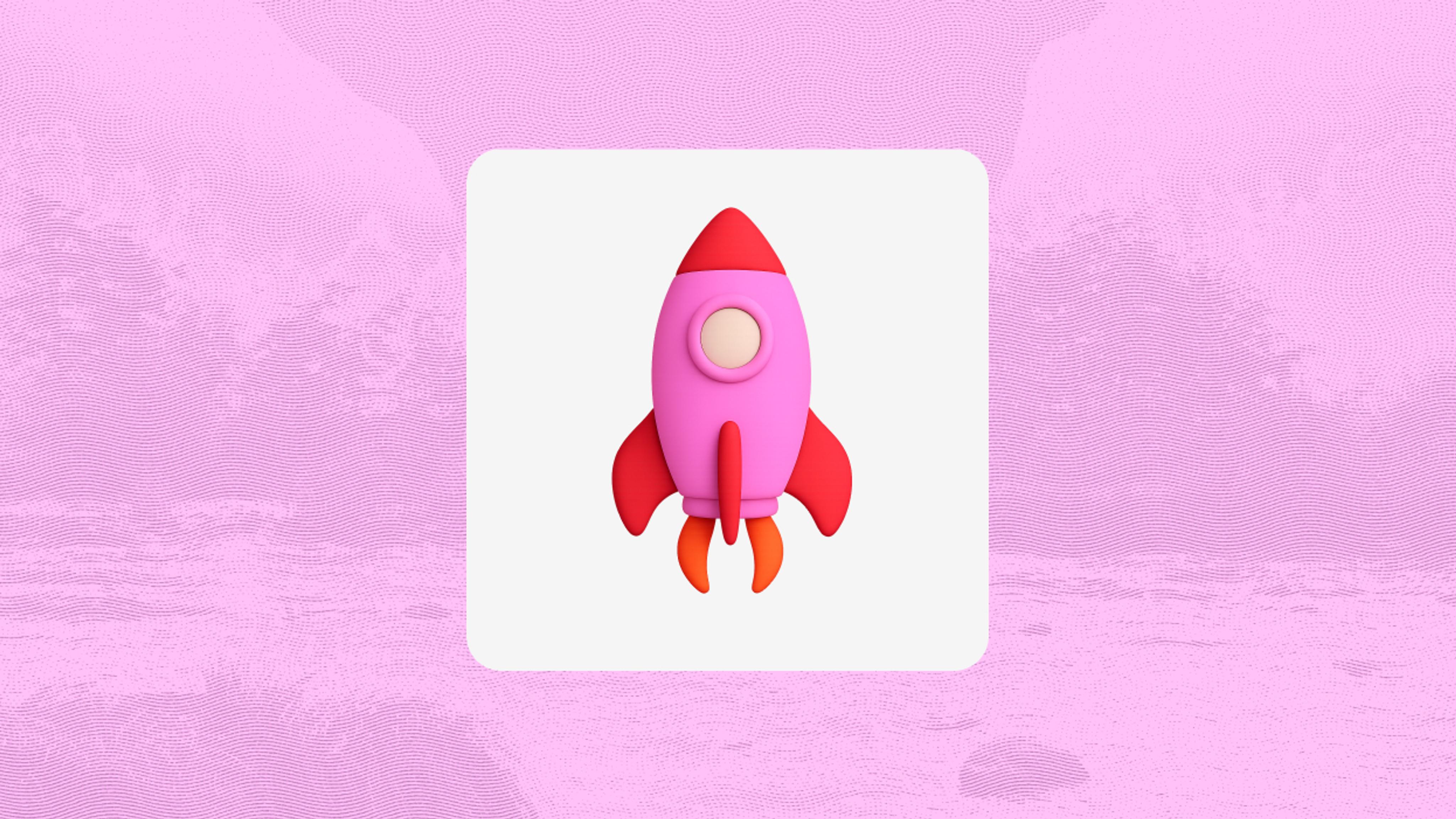 A stylized pink and red rocket with a circular window and orange flames, centered on a light gray square against a textured pink background.