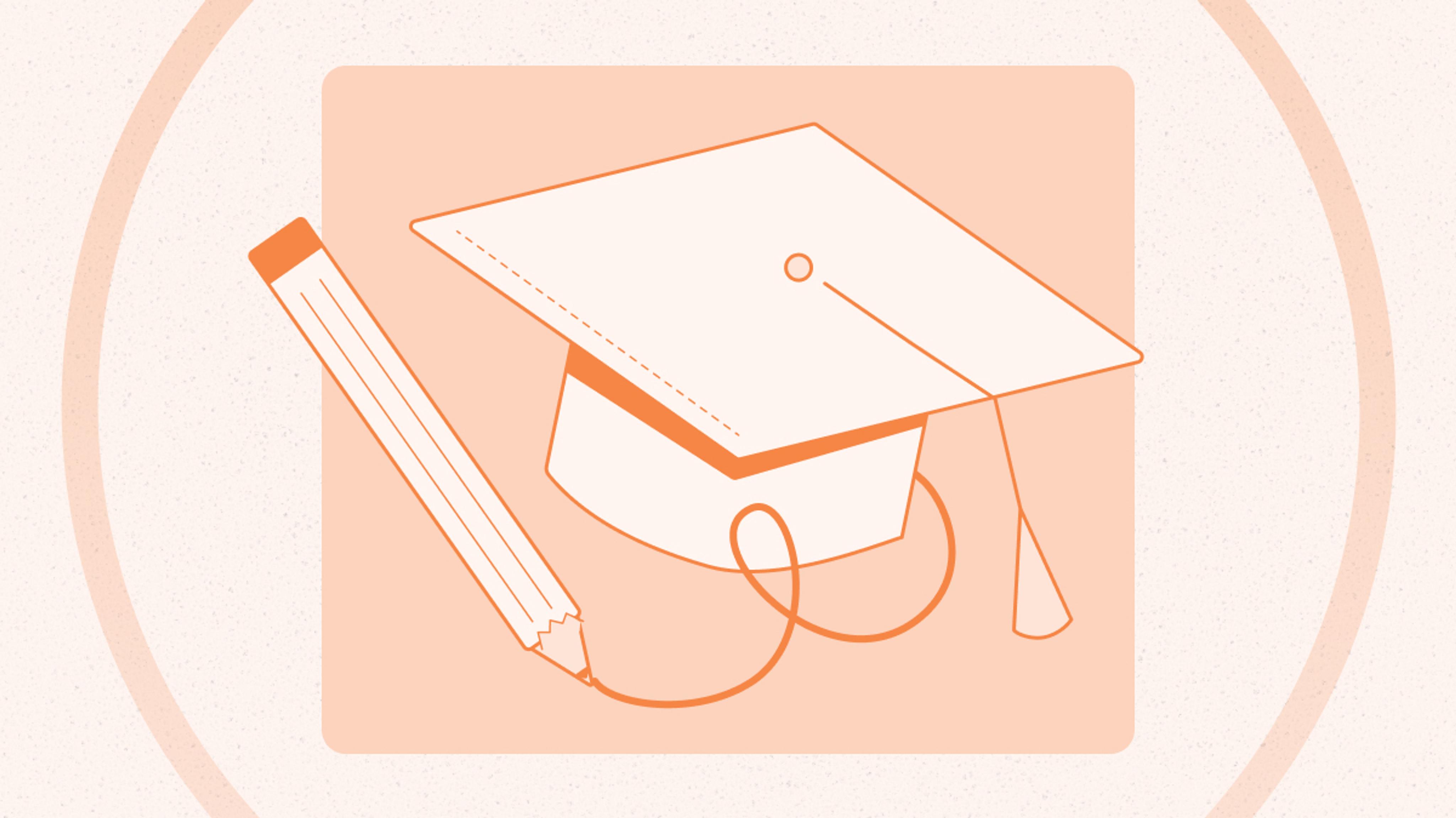 A simple illustration of a pencil and a graduation cap with a tassel, both outlined in orange on a light beige background.