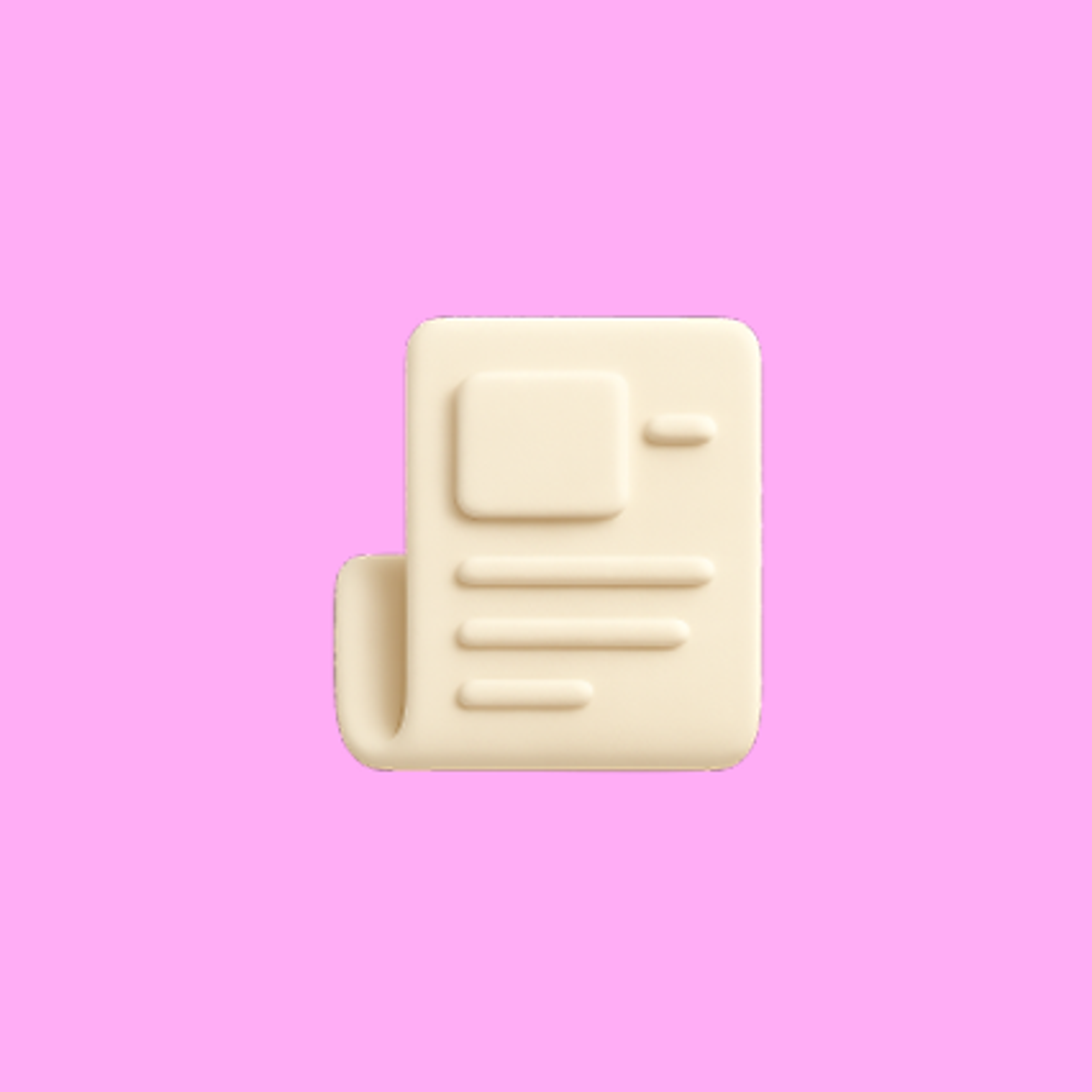 A beige, minimalist icon of a newspaper on a pink background. The design includes a rectangle for an image and lines representing text, conveying simplicity and modernity.