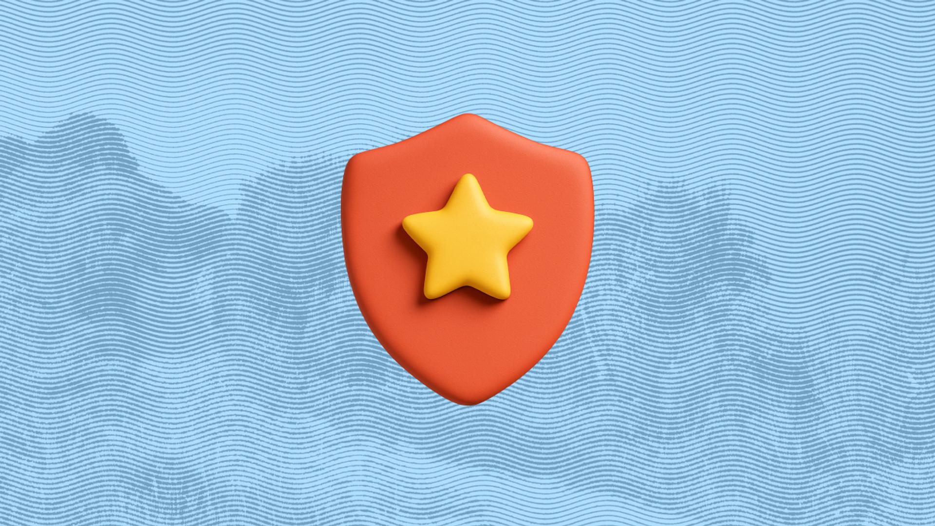Orange shield with a star on a blue textured background. 