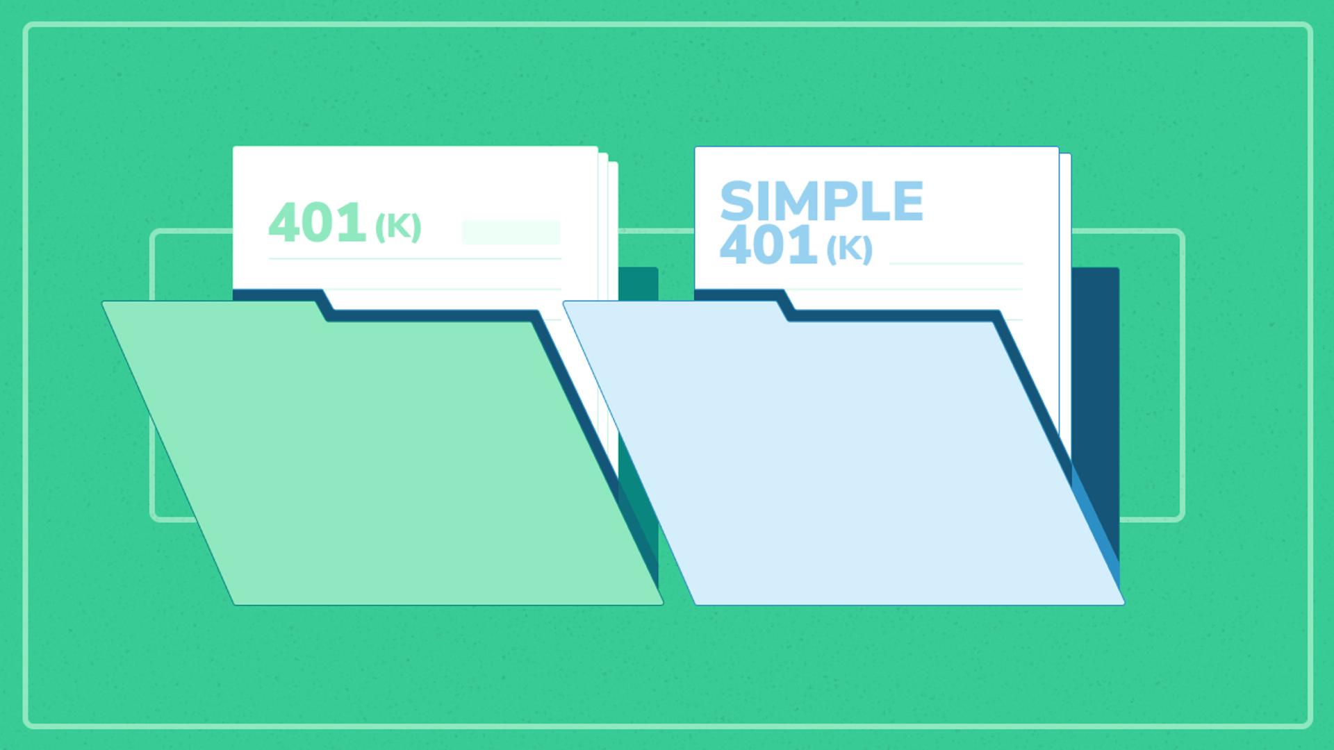 An illustration of two file folders labeled “401(k)” and “SIMPLE 401(k),” representing different types of retirement plans, shown side by side on a green background.