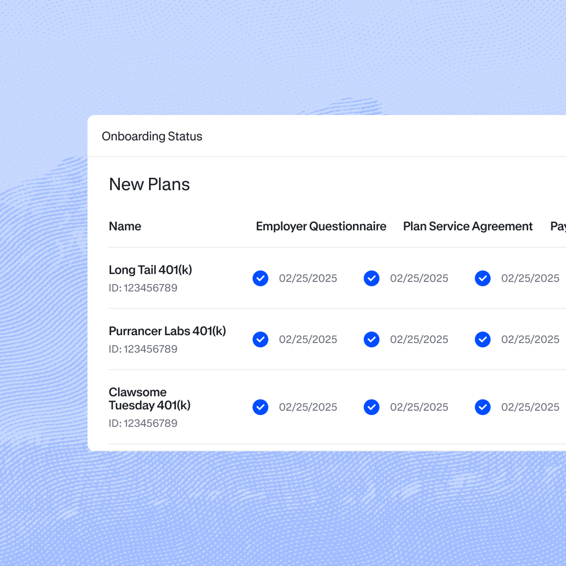 Onboarding status of new plans showing company names, employer questionnaire status, and plan service agreement status. 