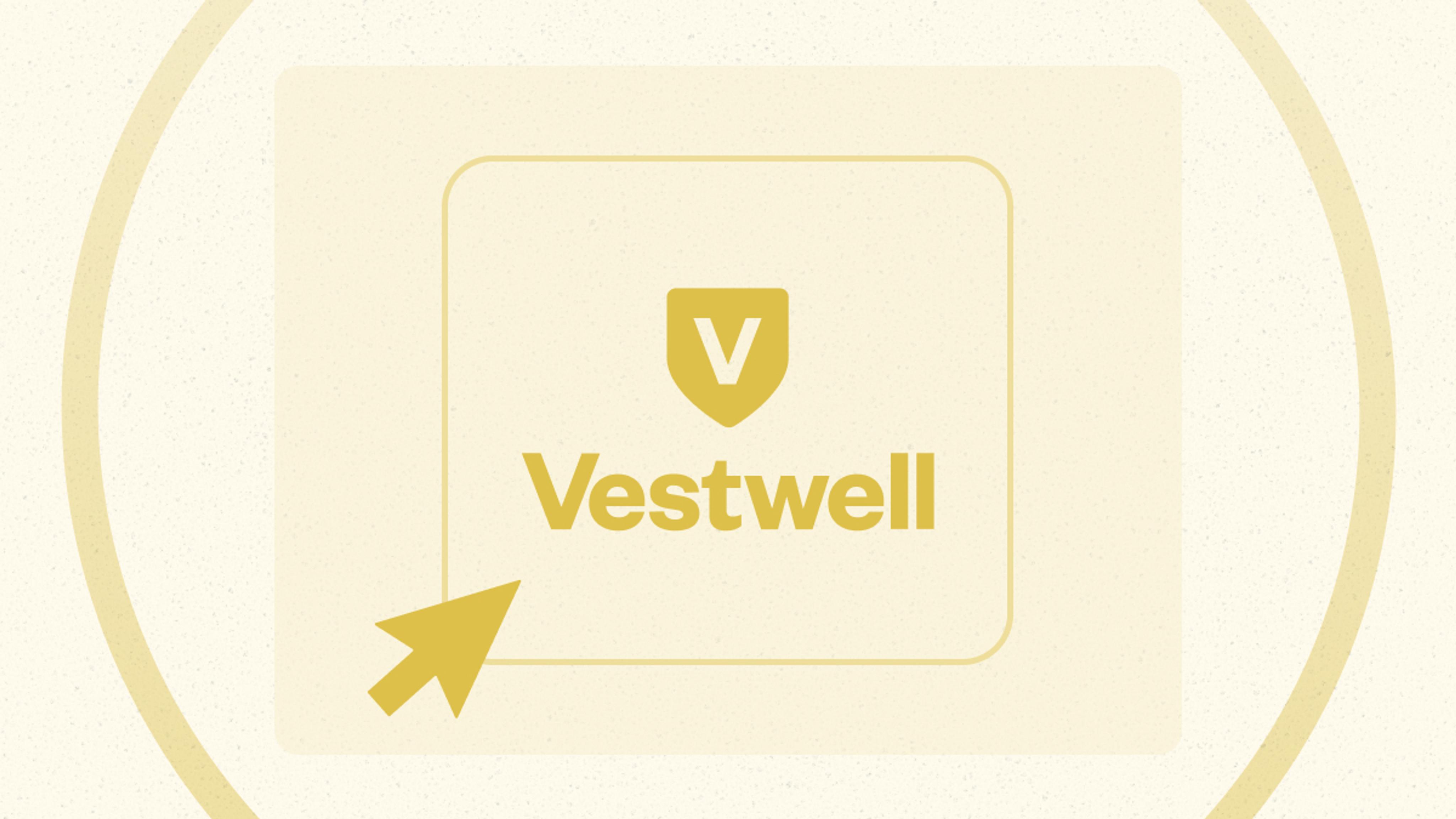 A yellow arrow points to a square with a shield icon and the word "Vestwell" in yellow text on a light background.