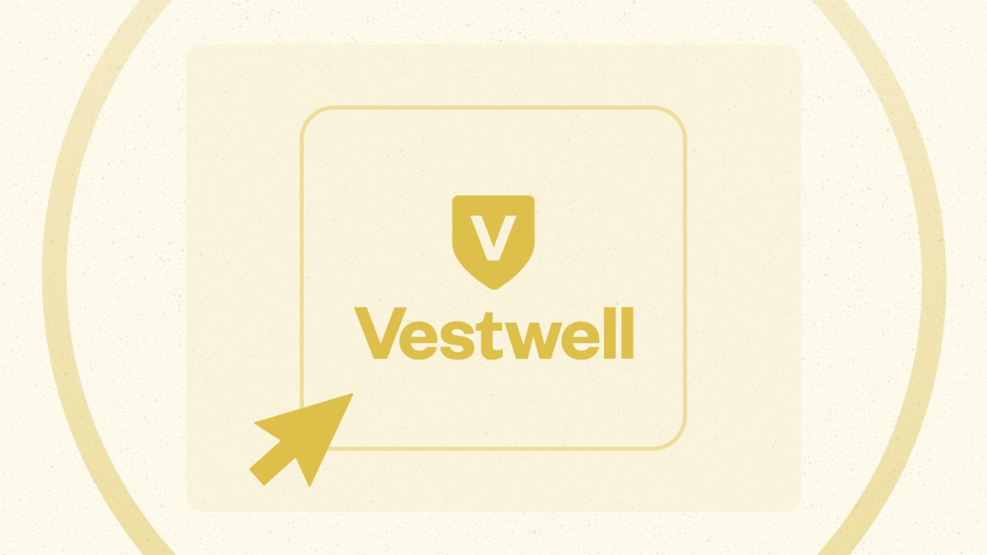 A yellow arrow points to a square with a shield icon and the word "Vestwell" in yellow text on a light background.