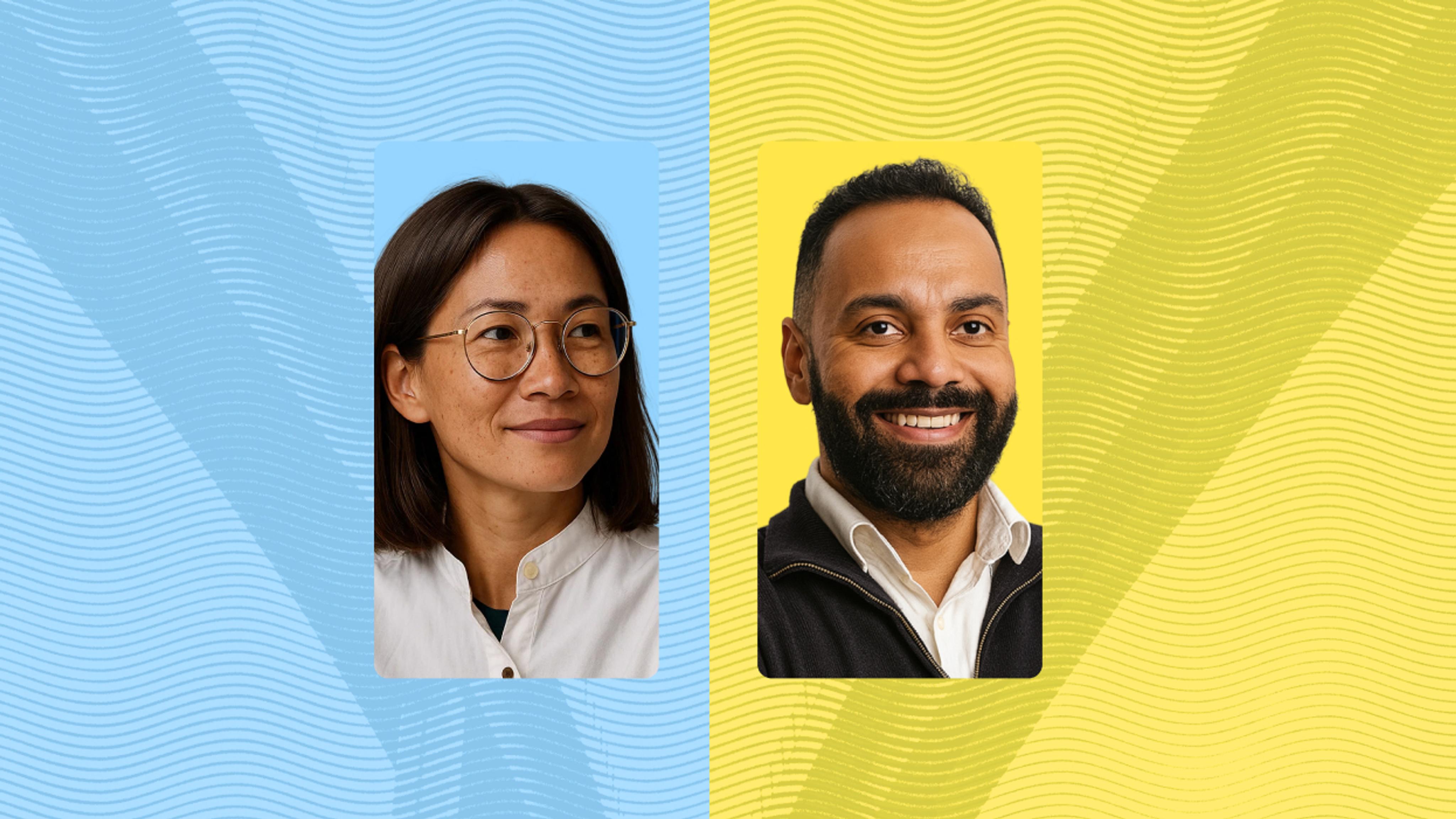 Two portraits side by side; a woman with glasses and a white shirt against a blue background, and a man with a beard and a black jacket against a yellow background. Both appear thoughtful and smiling, with wavy line patterns in the backgrounds adding a dynamic touch.