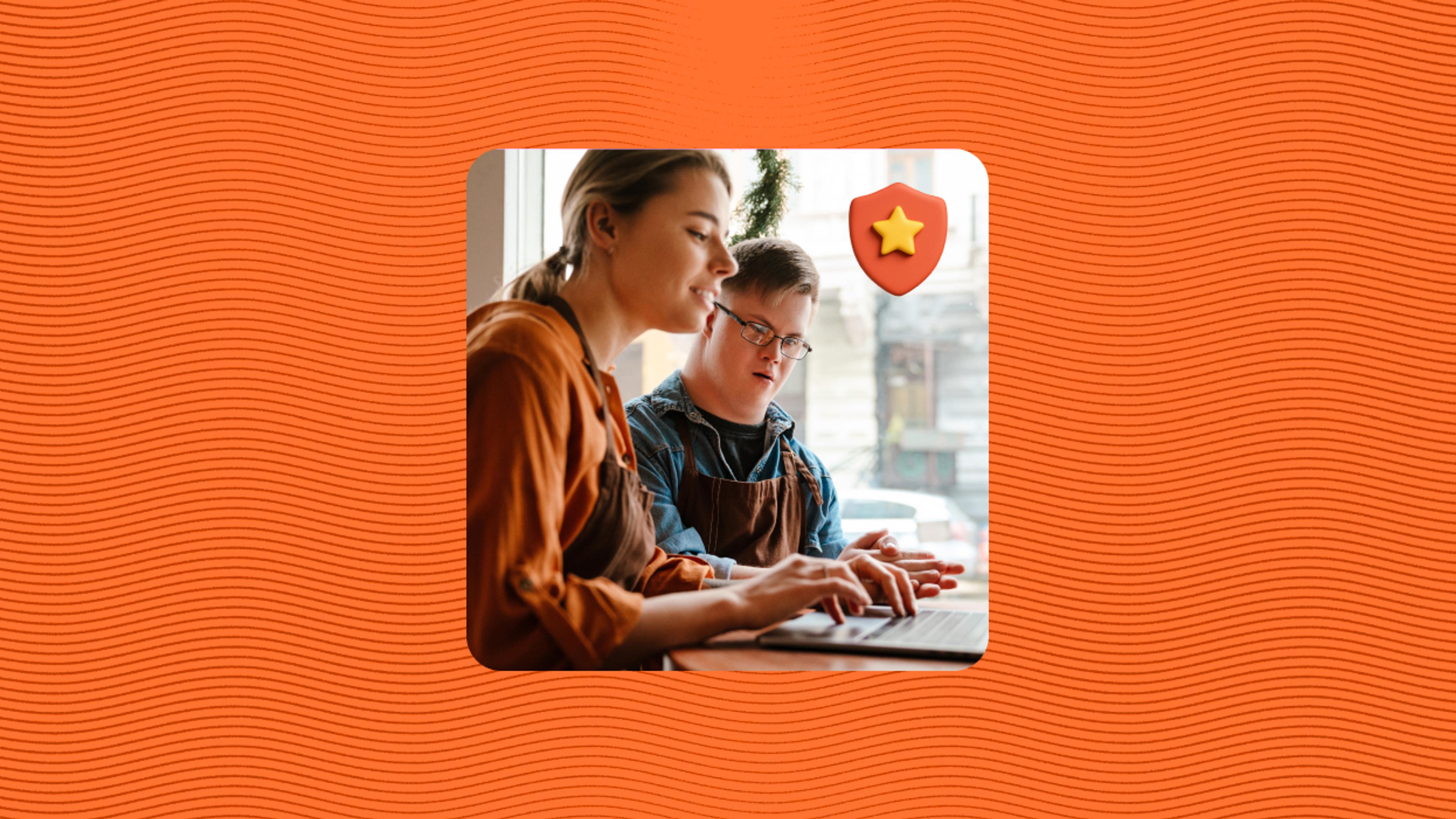 Two people work together at a table, focusing on a laptop. A shield with a star icon appears above them. The background is orange with wavy lines.