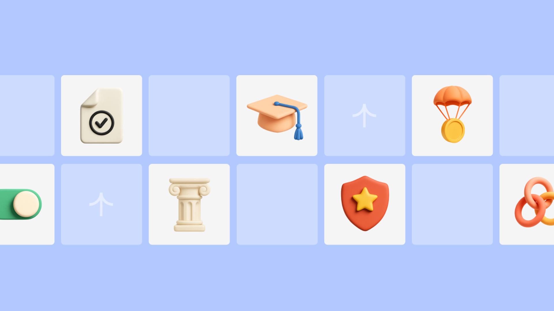 A grid of icons on a blue background, including a checkmarked document, graduation cap, parachute with medal, toggle switch, column, shield with star, and chain links.