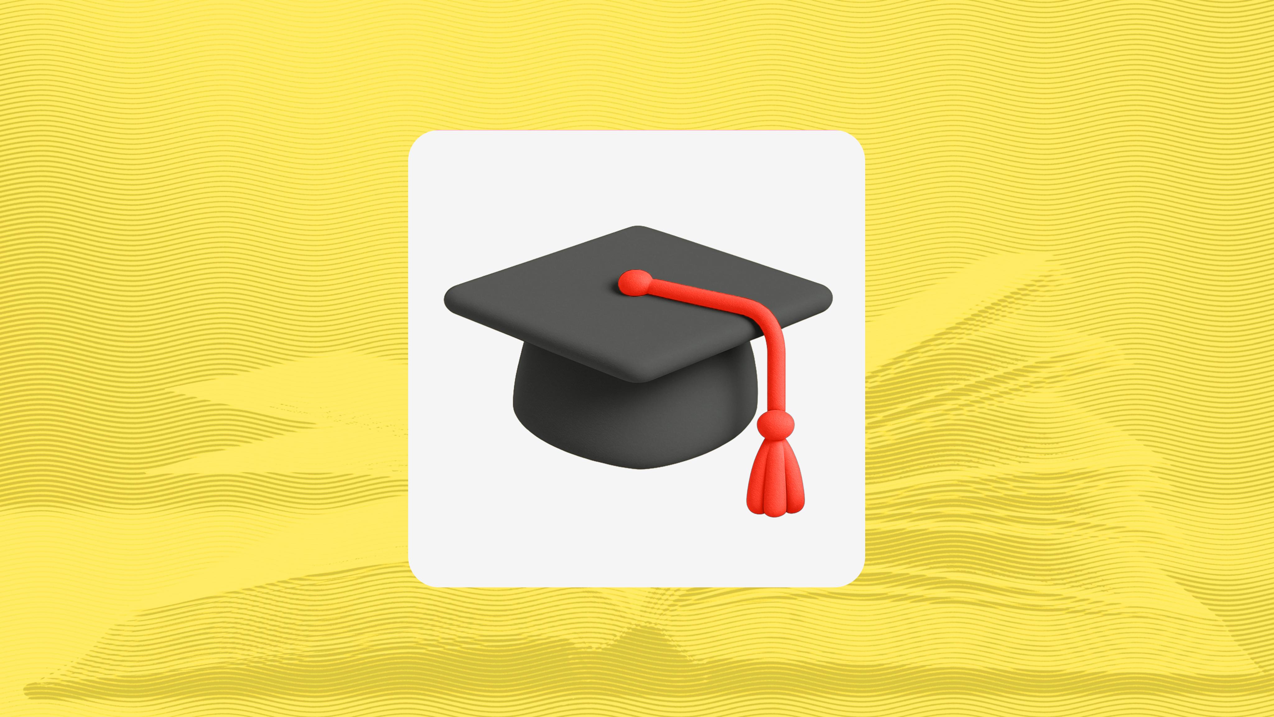 Illustration of a black graduation cap with a red tassel centered on a light gray square, set against a bright yellow background with subtle wave patterns, symbolizing education and academic achievement.