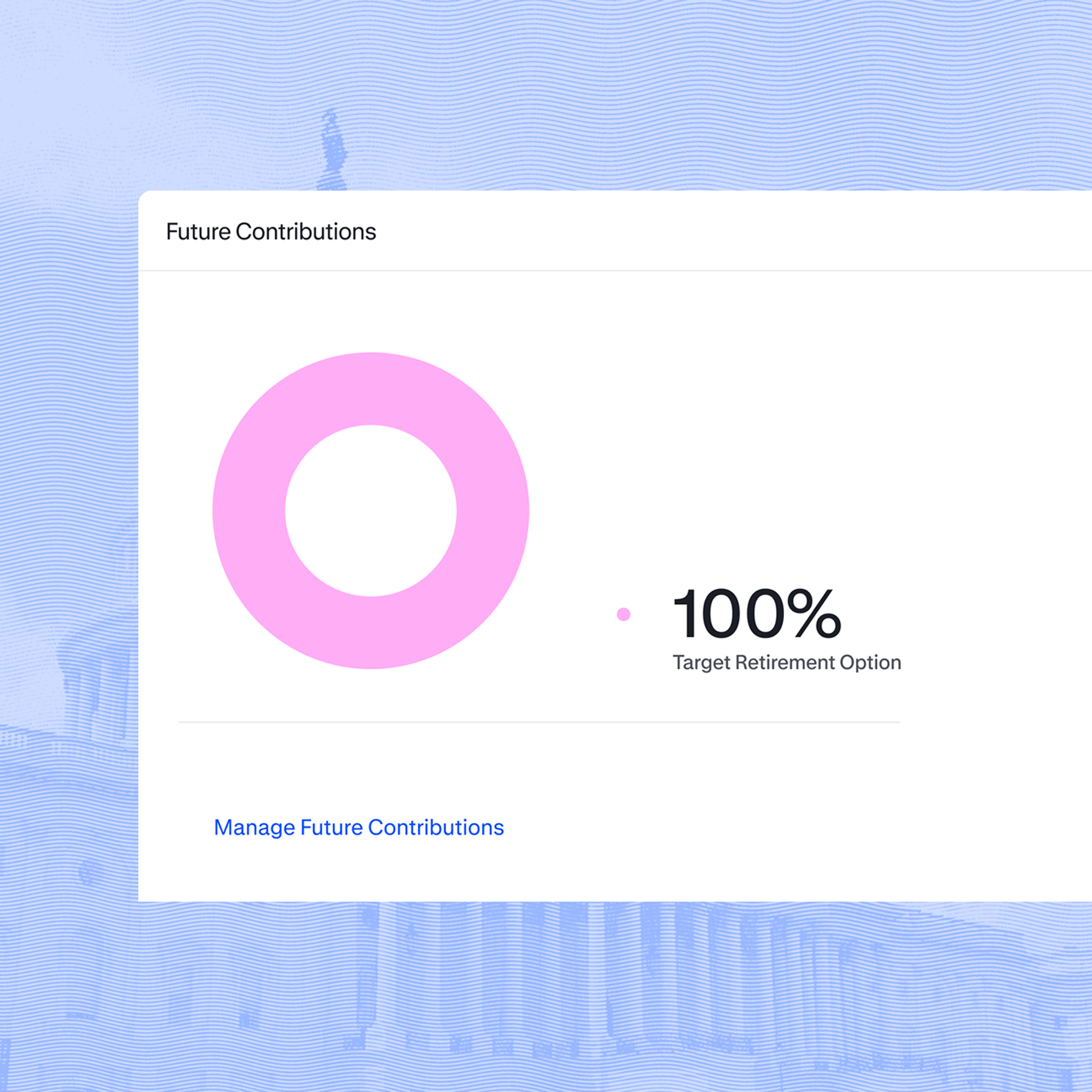 A pink circular progress chart shows 100% allocated to the Target Retirement Option for future contributions. A link below reads "Manage Future Contributions.