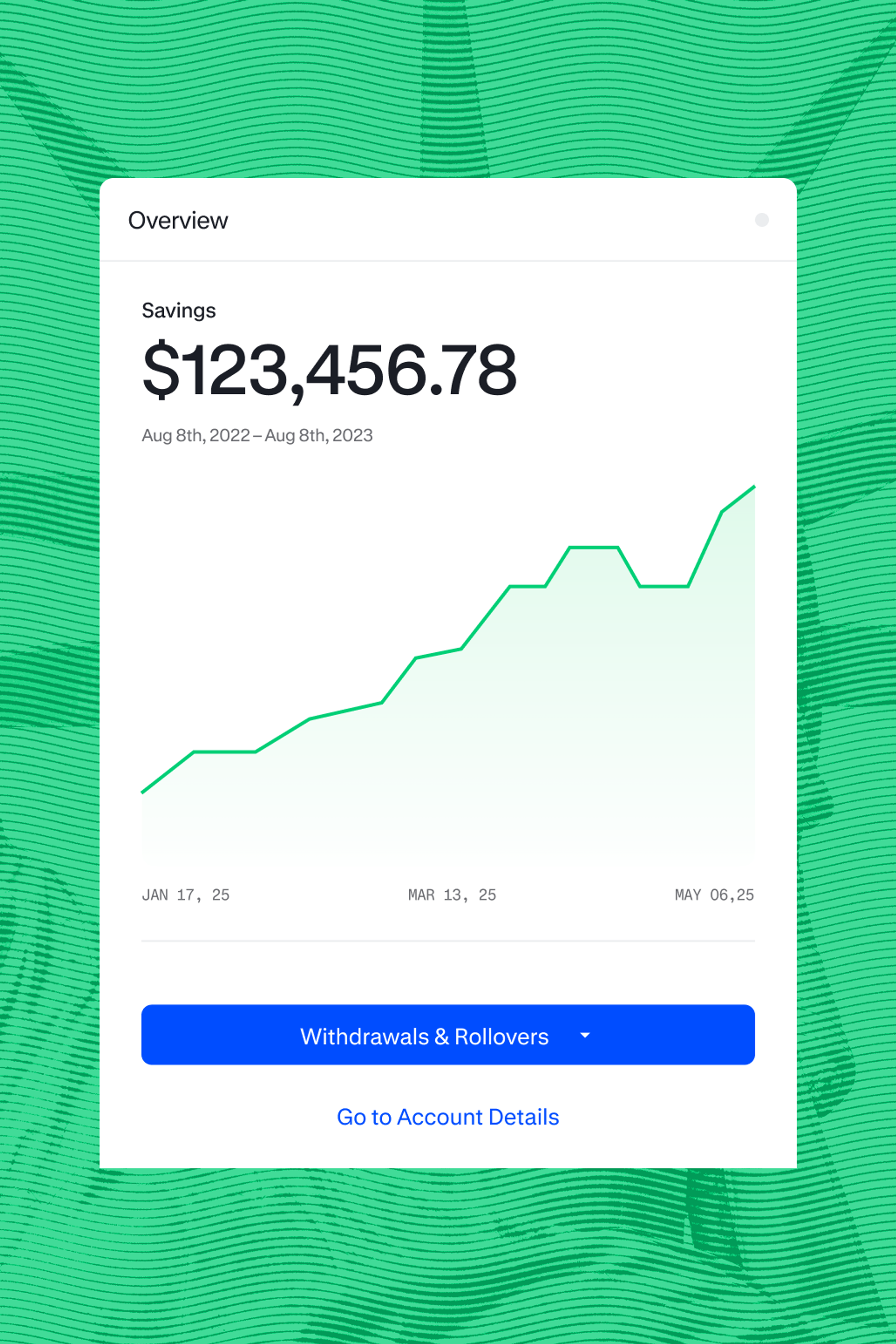 A digital financial dashboard displays savings of $123,456.78 from Aug 8, 2022, to Aug 8, 2023, with a green upward trend graph and buttons for Withdrawals & Rollovers and Account Details. Green wavy background.