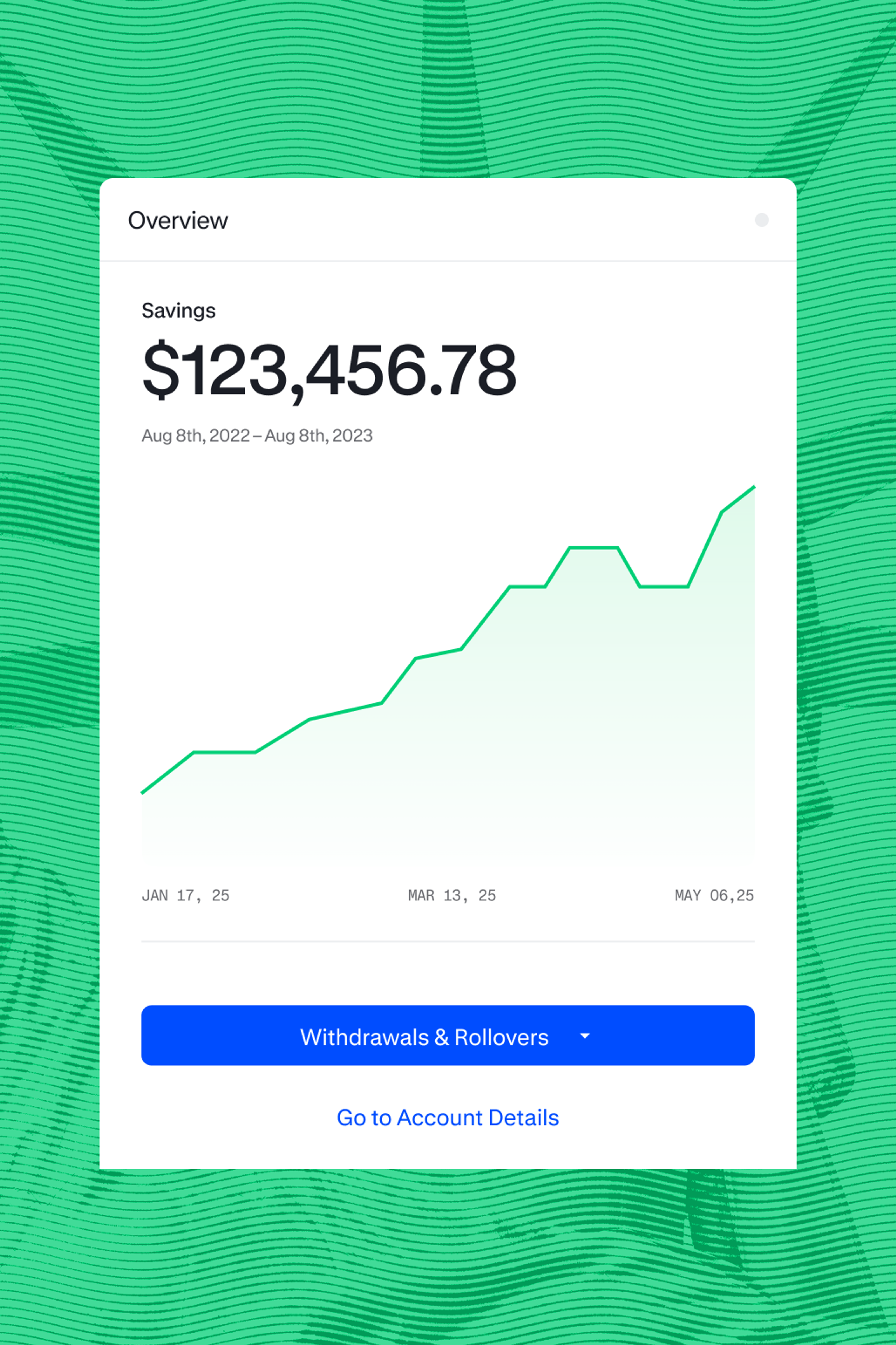 A digital financial dashboard displays savings of $123,456.78 from Aug 8, 2022, to Aug 8, 2023, with a green upward trend graph and buttons for Withdrawals & Rollovers and Account Details. Green wavy background.