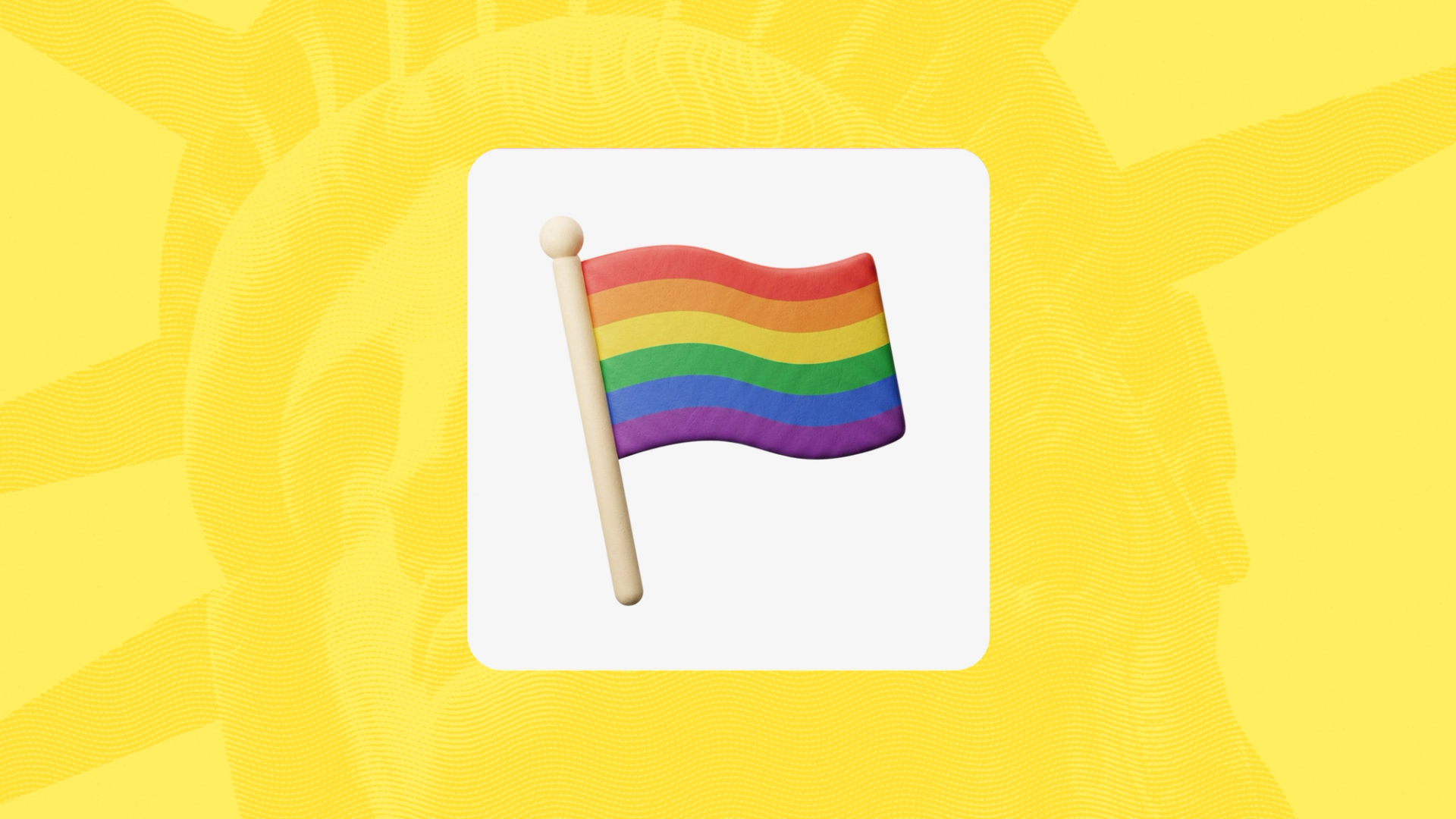 Illustration of a rainbow Pride flag on a flagpole displayed on a white rounded square, set against a textured yellow background with abstract wave patterns.