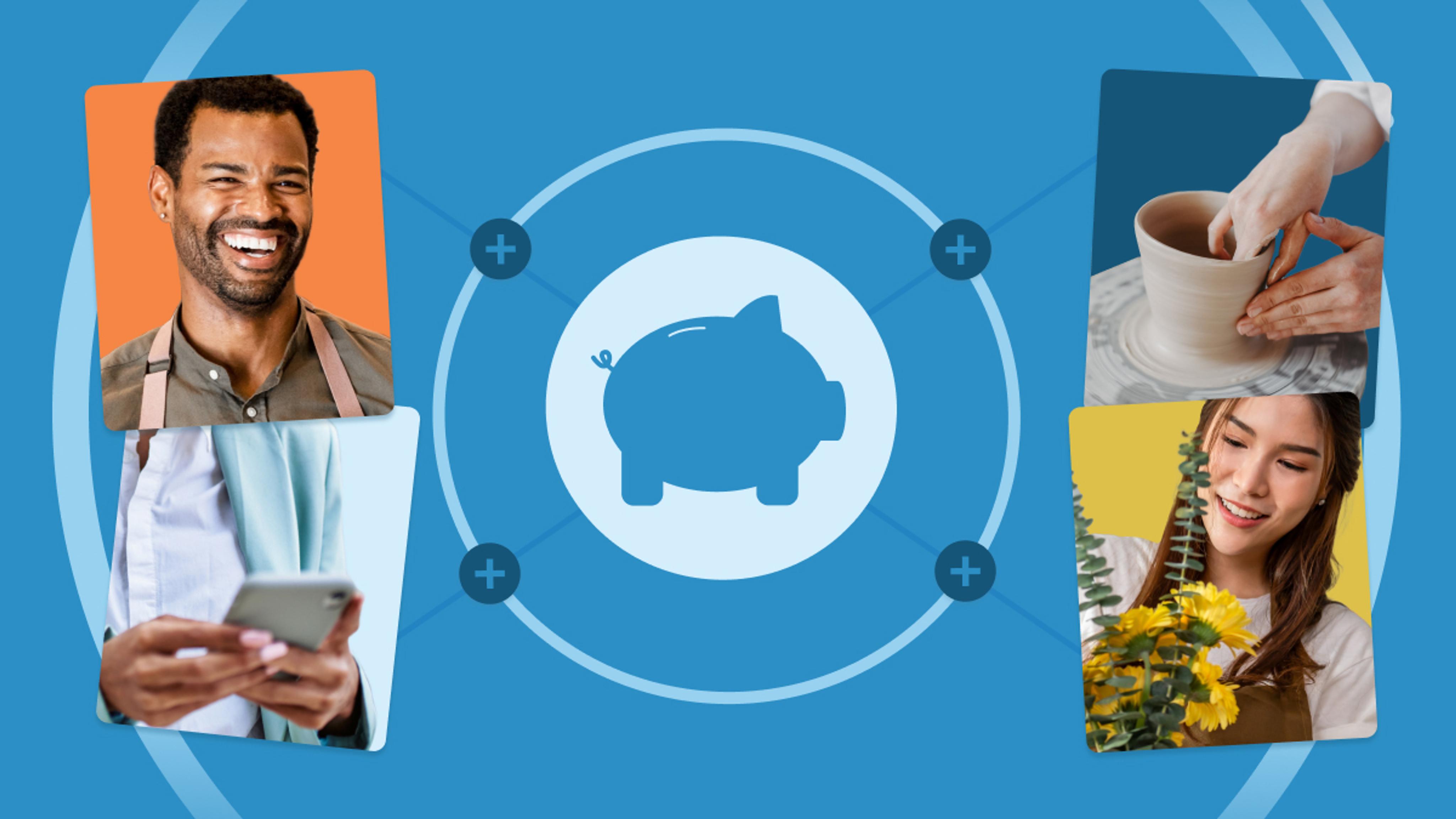 A central blue circle with a piggy bank icon is surrounded by four images of people engaging in activities like smiling, using a phone, pottery, and holding flowers, set against a blue background.