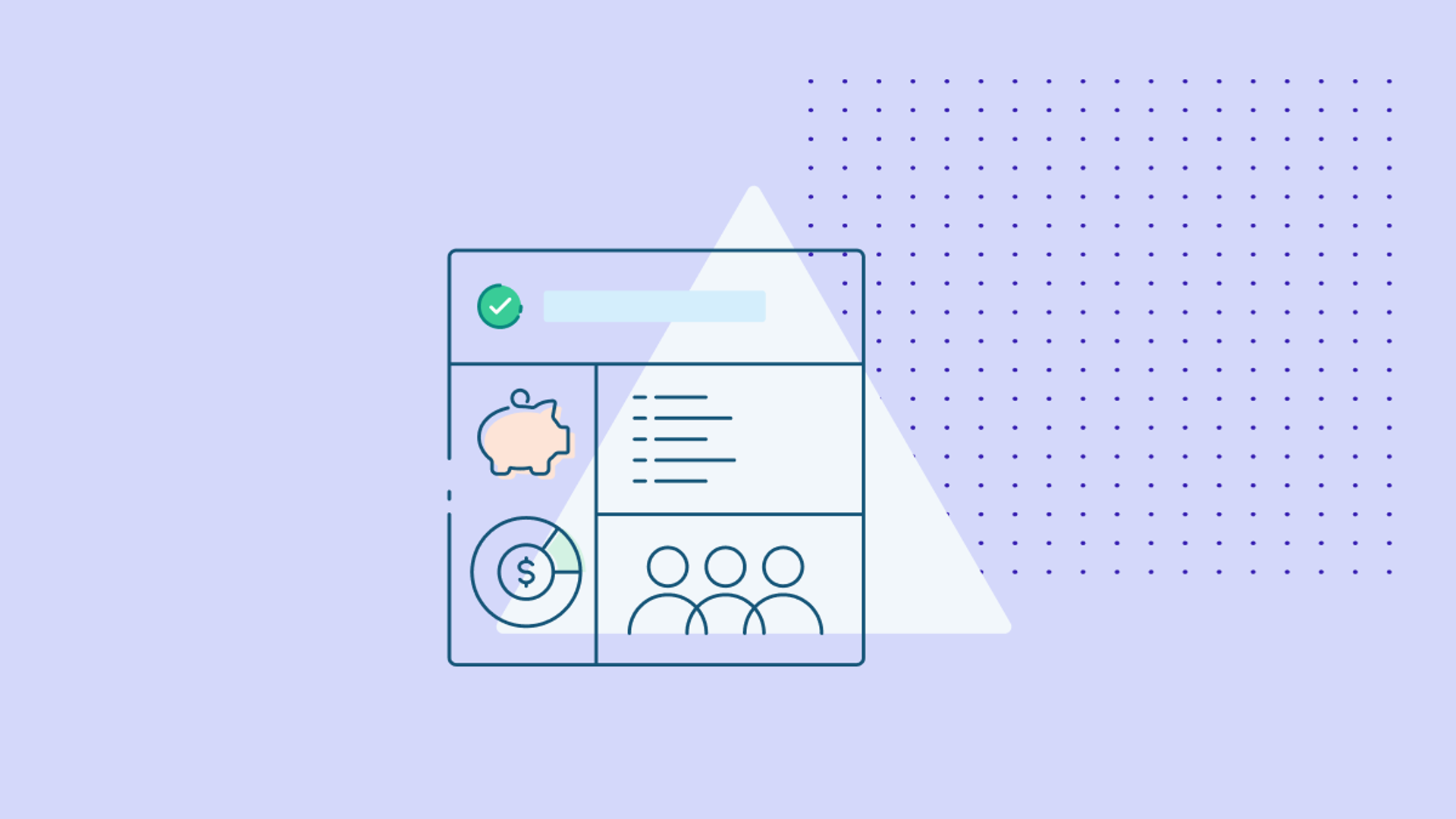 An illustrated dashboard shows sections with a piggy bank icon, a dollar symbol, a group of people, and a green checkmark, suggesting savings progress and account management. The design sits on a light purple background with a dotted pattern to the right.