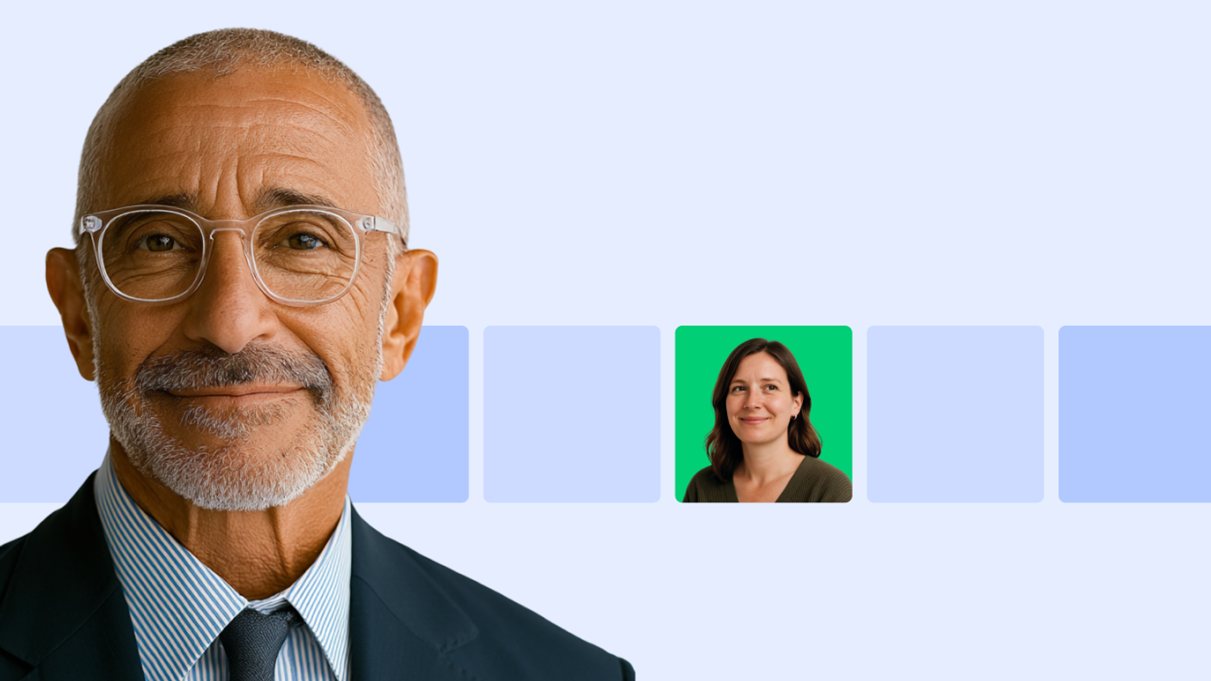 A man in a suit and glasses stands in the foreground, while a woman’s portrait appears in a green square among blue squares in the background.