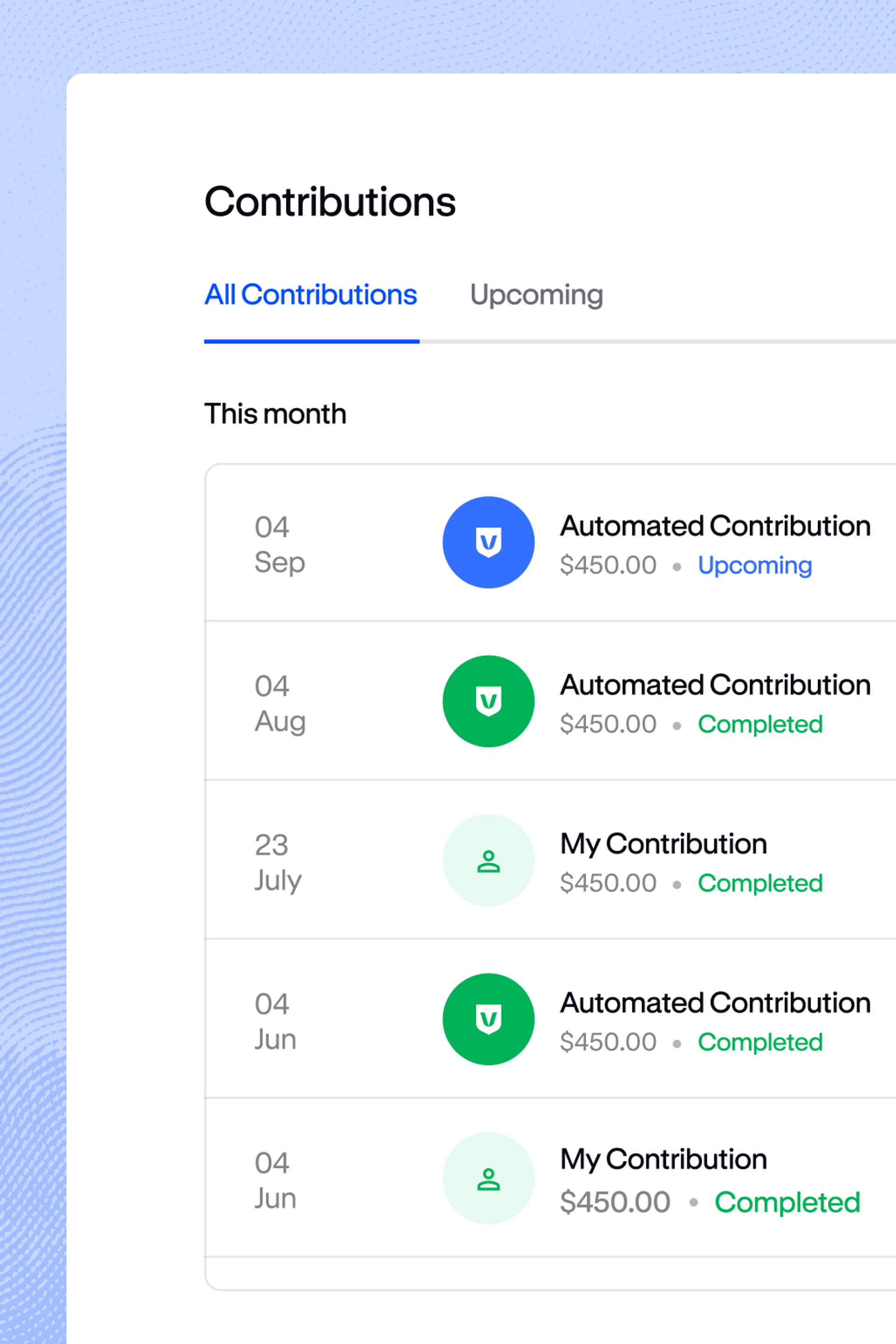 Contributions screen showing all contributions, including upcoming and completed $450 automated and personal contributions by date.