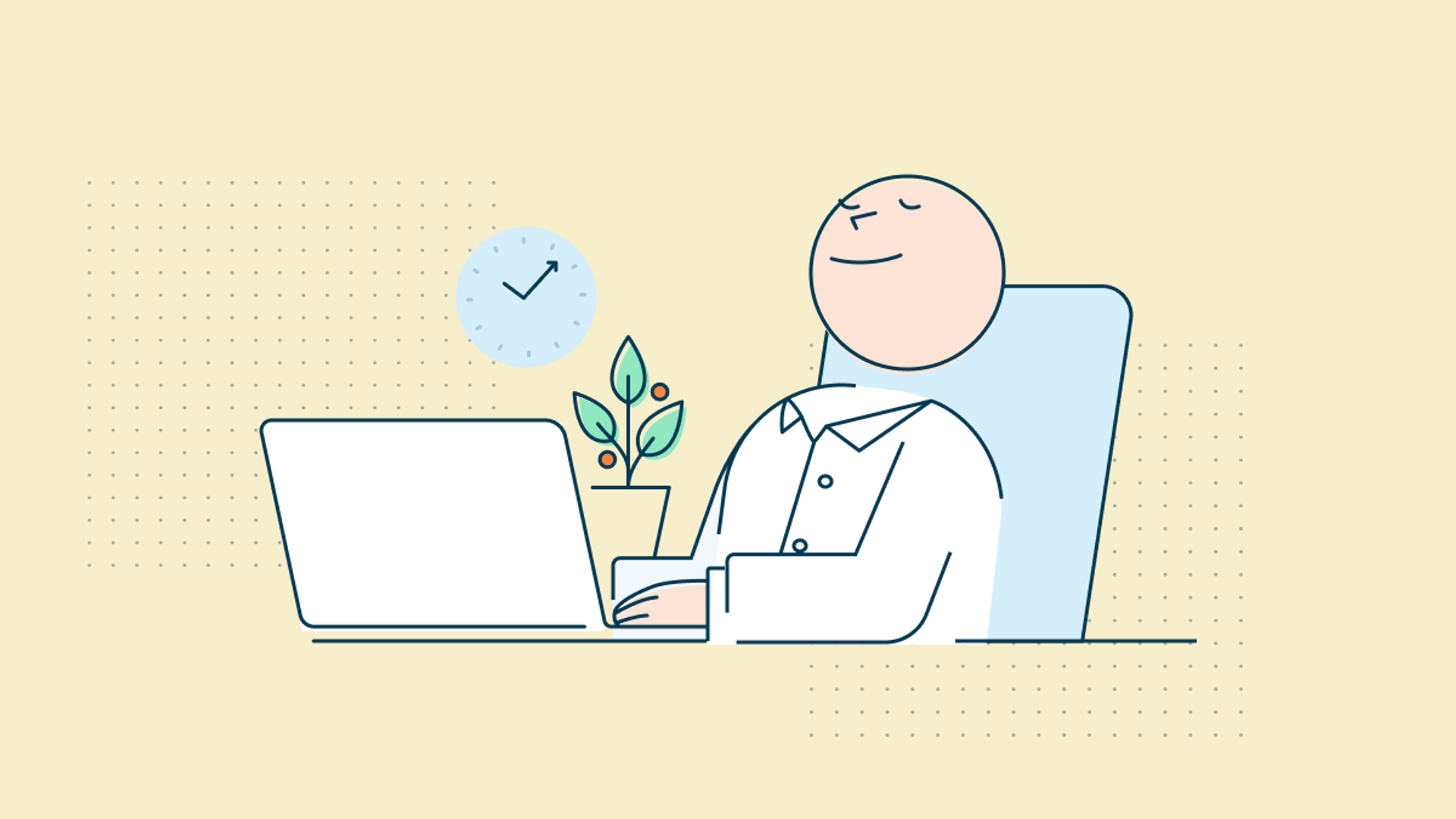 An illustration of a person leaning back comfortably in a chair while working at a laptop, with a checkmark icon, a small plant, and dotted background elements suggesting ease, completion, or peace of mind.