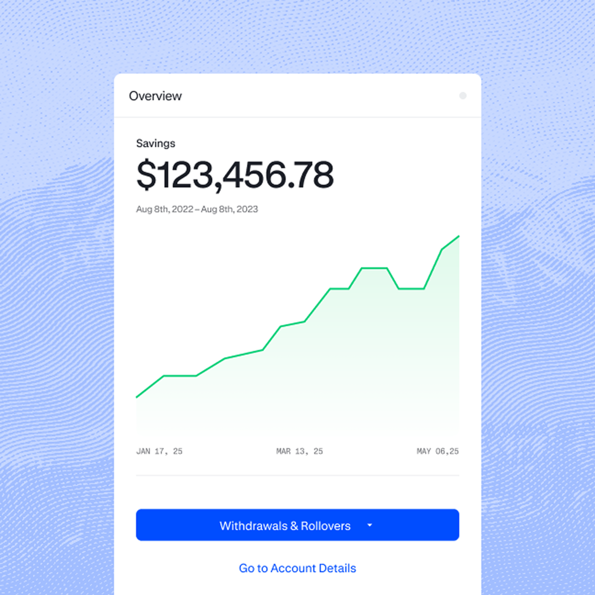 A financial dashboard displays savings of $123,456.78 with a line graph showing growth from Jan 17, 2023 to May 25, 2023. Options for withdrawals and account details are below.