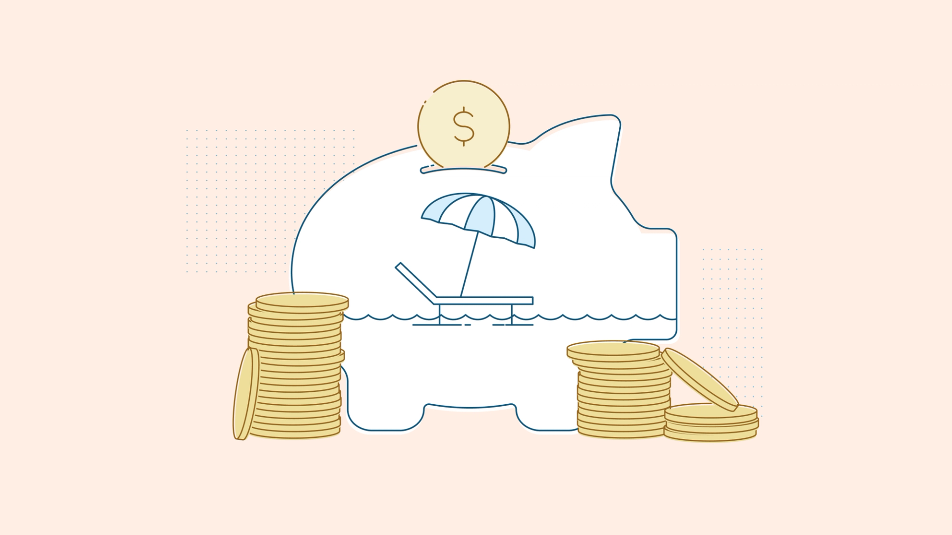 An outline of a piggy bank filled with a simple drawing of a lounge chair and umbrella over water, suggesting vacation or retirement savings. Stacks of gold coins sit on both sides of the piggy bank, with a large coin featuring a dollar sign resting on top.