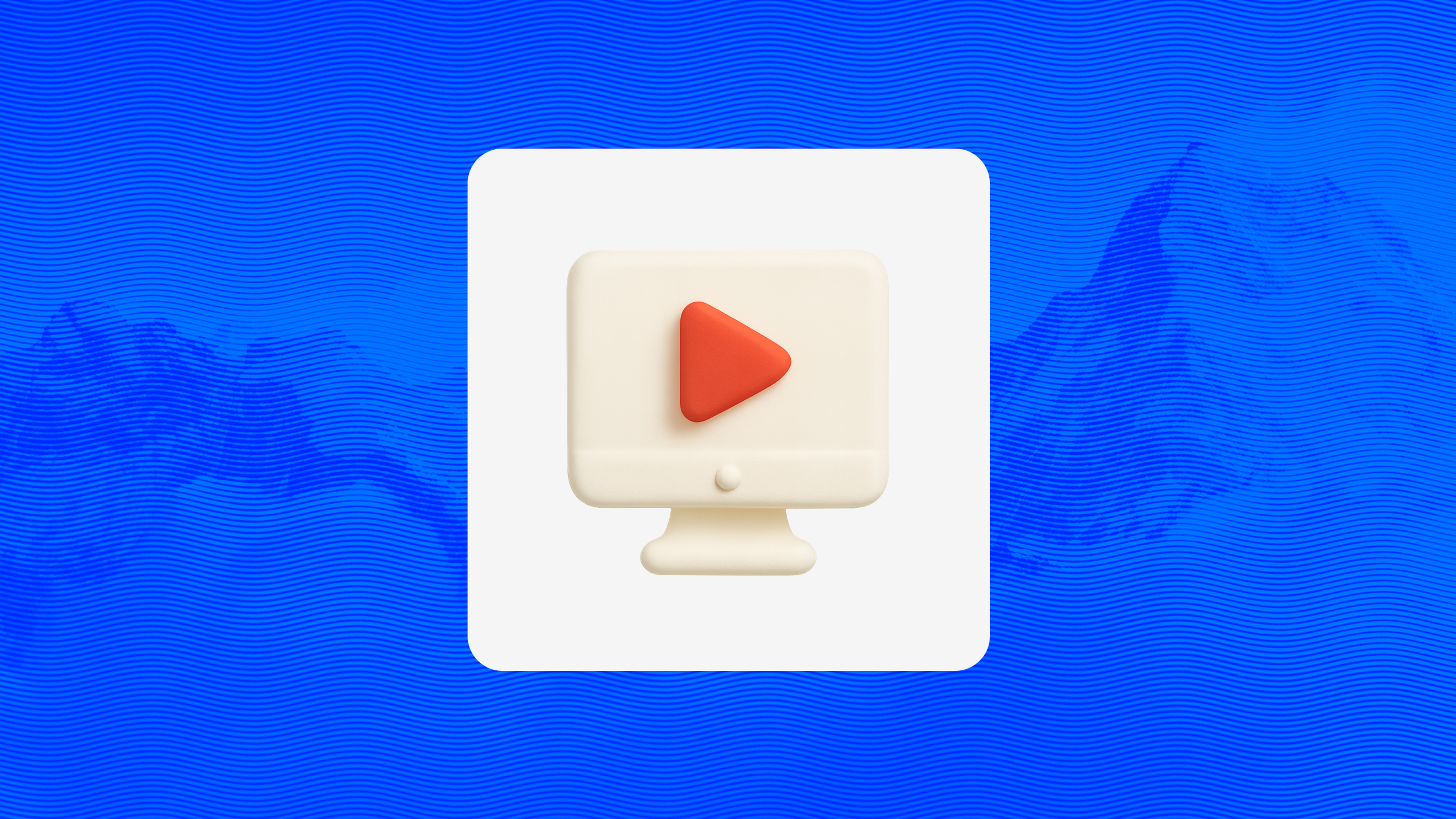 3D icon of a computer monitor with a red play button on the screen, set against a wavy blue patterned background.